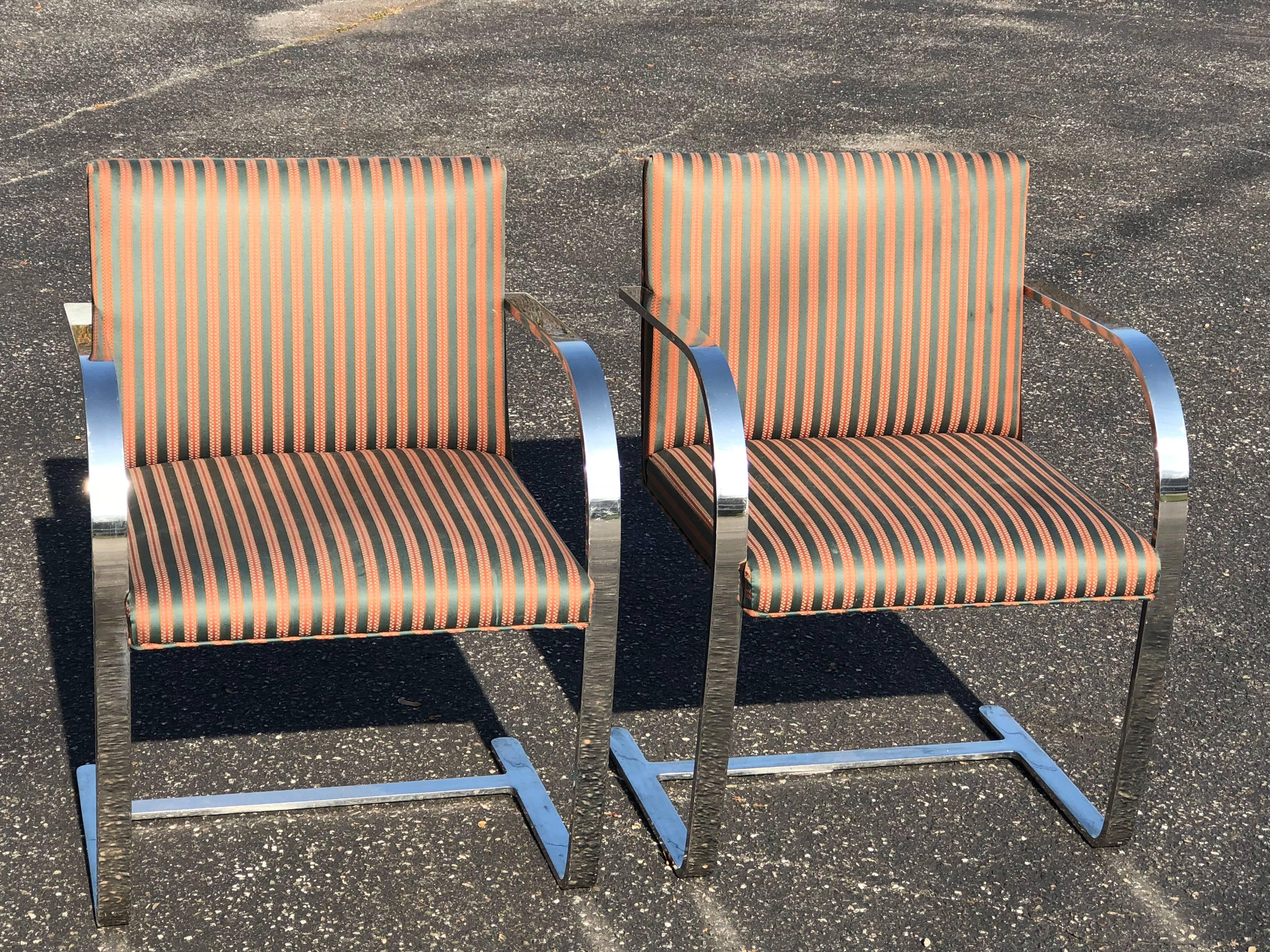Pair of Flat Bar Brno Chairs attributed to Ludwig Mies van der Rohe for Knoll. In a nice pinstripe fabric. Can be recovered. Perfect for dining or office. Heavy, solid pieces. 