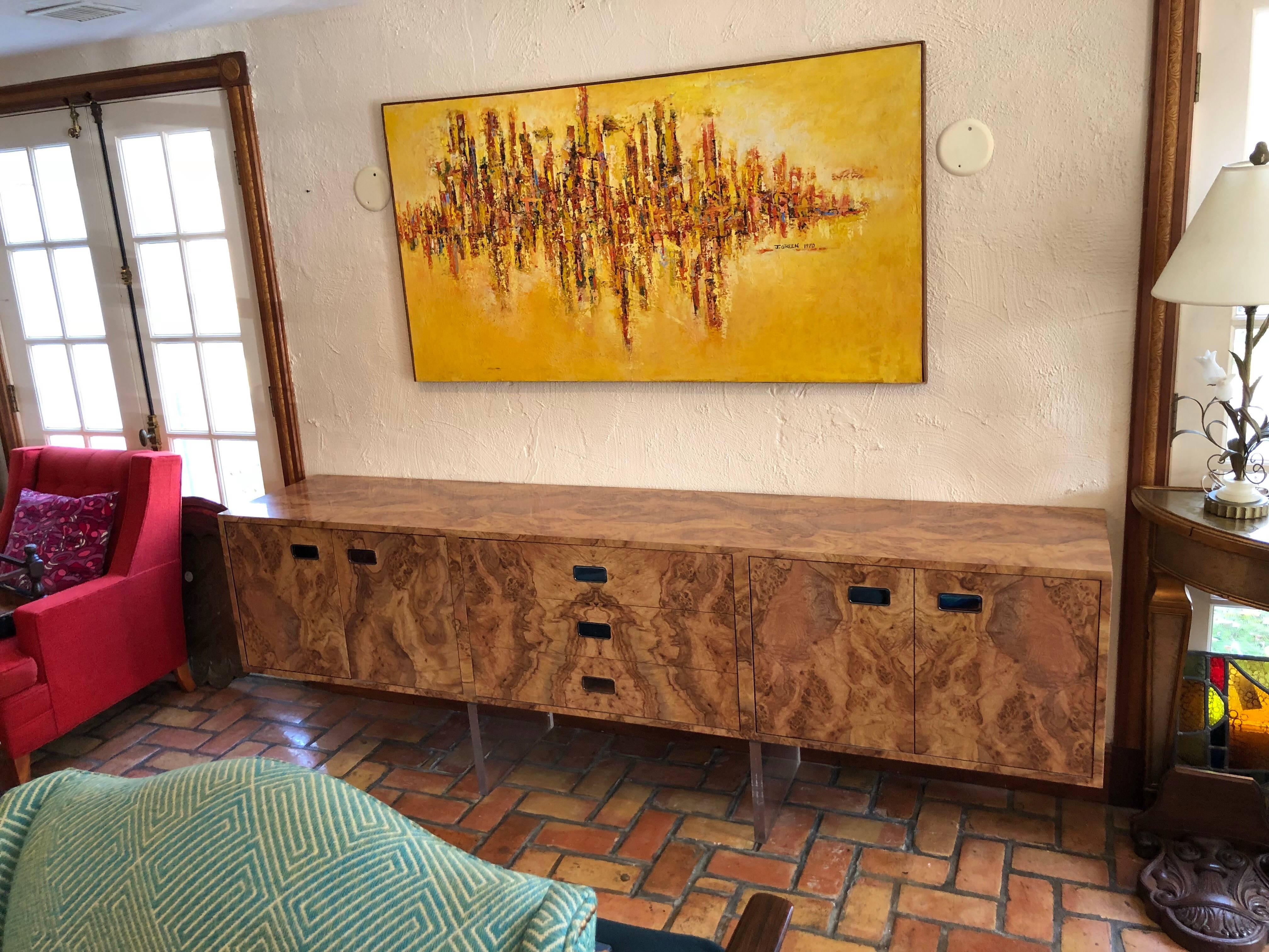 Mid-Century Modern Milo Baughman Style Mid-Century Faux Burl Wood Floating Credenza