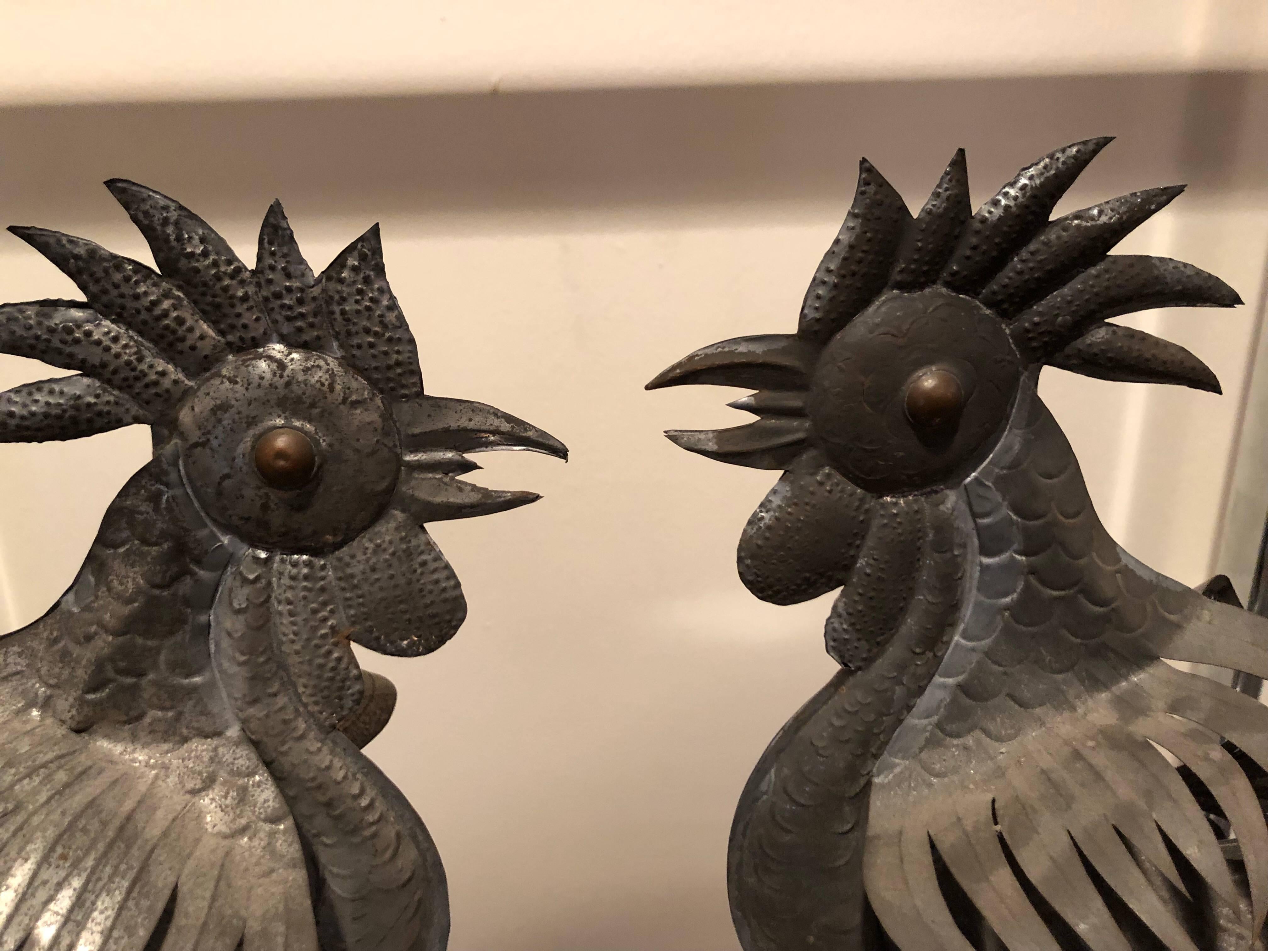 Copper Pair of Antique Mexican Folk Art Tin Roosters