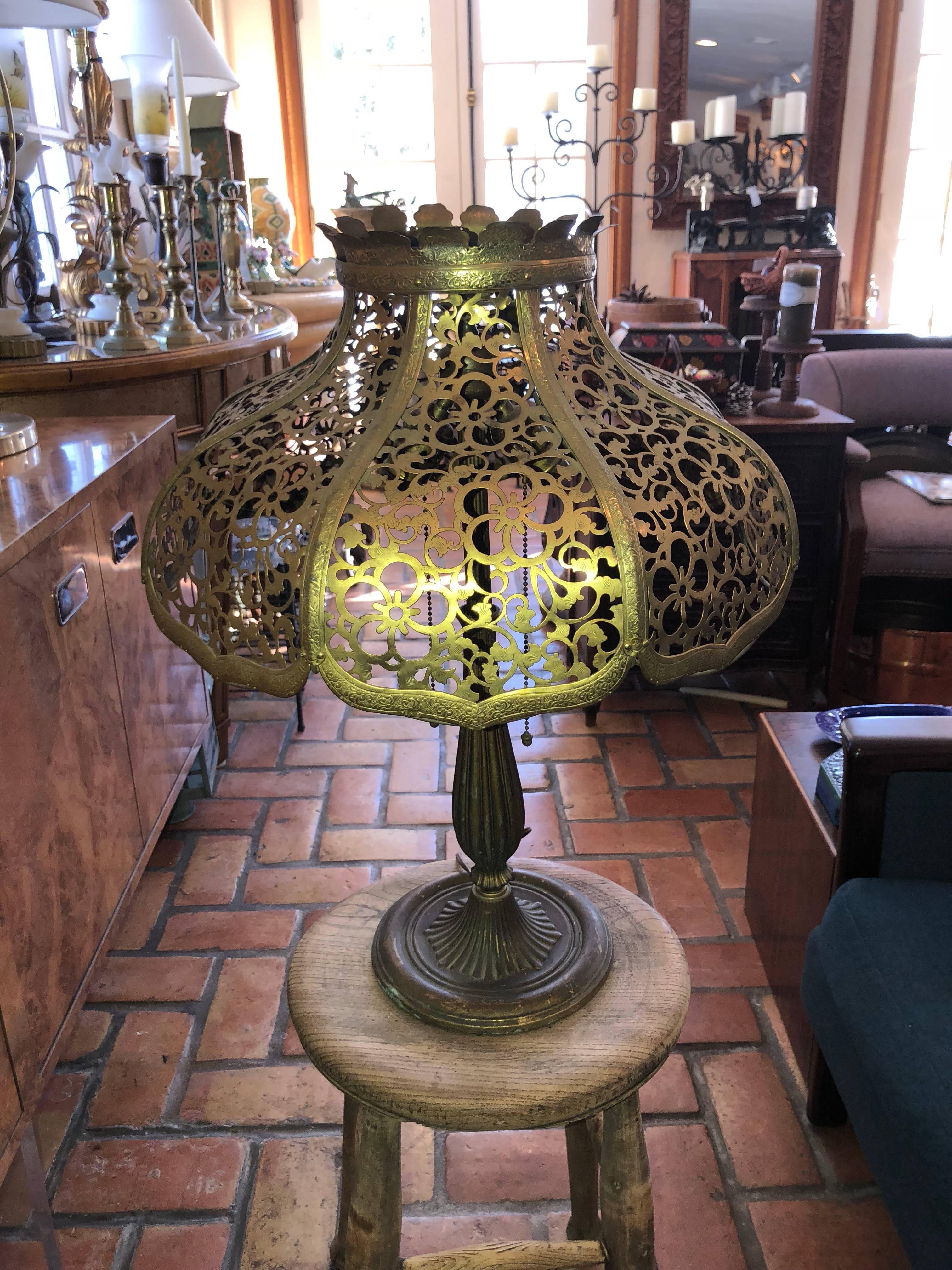 Art Nouveau Antique Gilt Lamp with Pierced Brass Shade by Miller