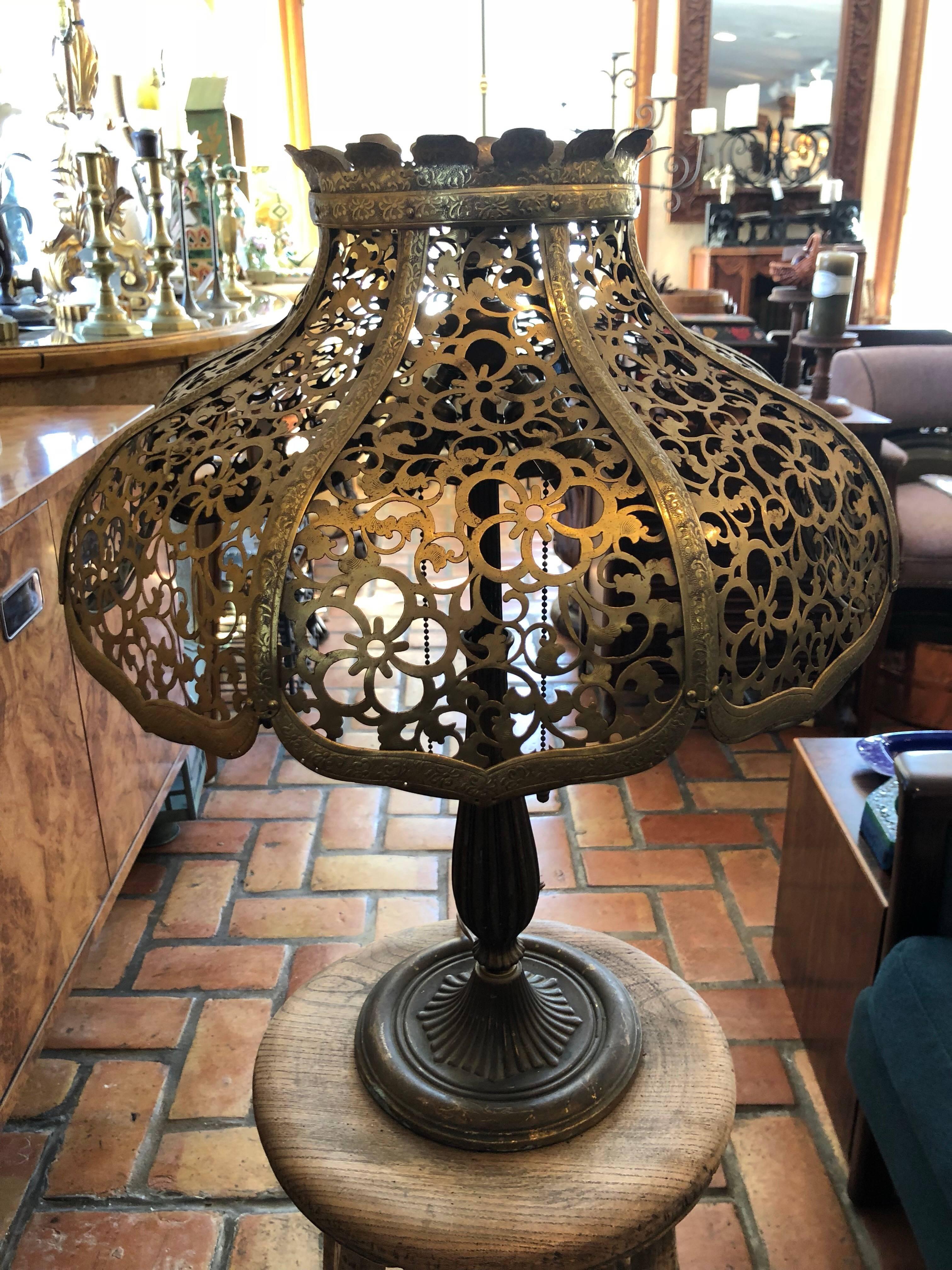 American Antique Gilt Lamp with Pierced Brass Shade by Miller
