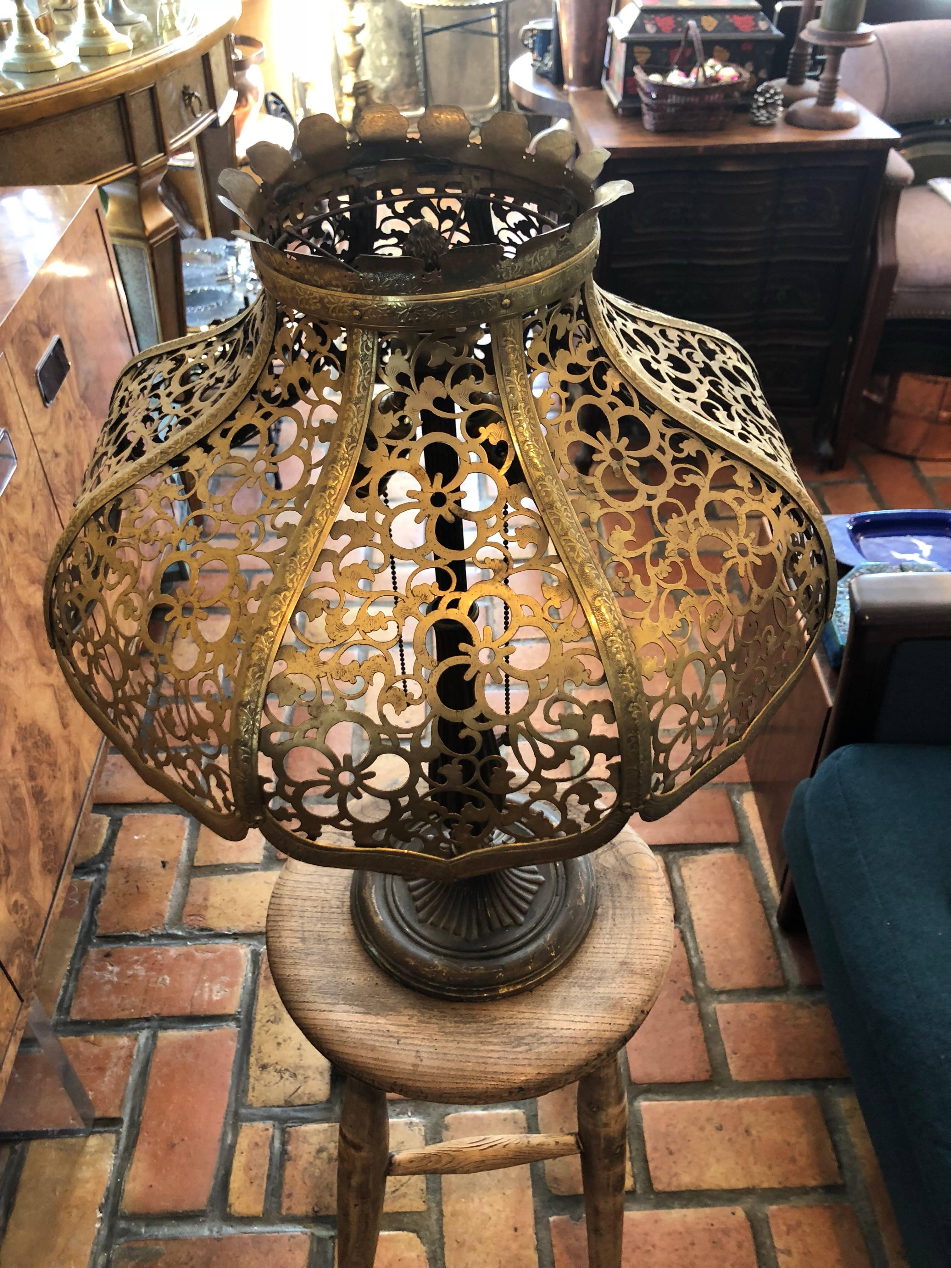 Antique Gilt Lamp with Pierced Brass Shade by Miller In Good Condition In Redding, CT