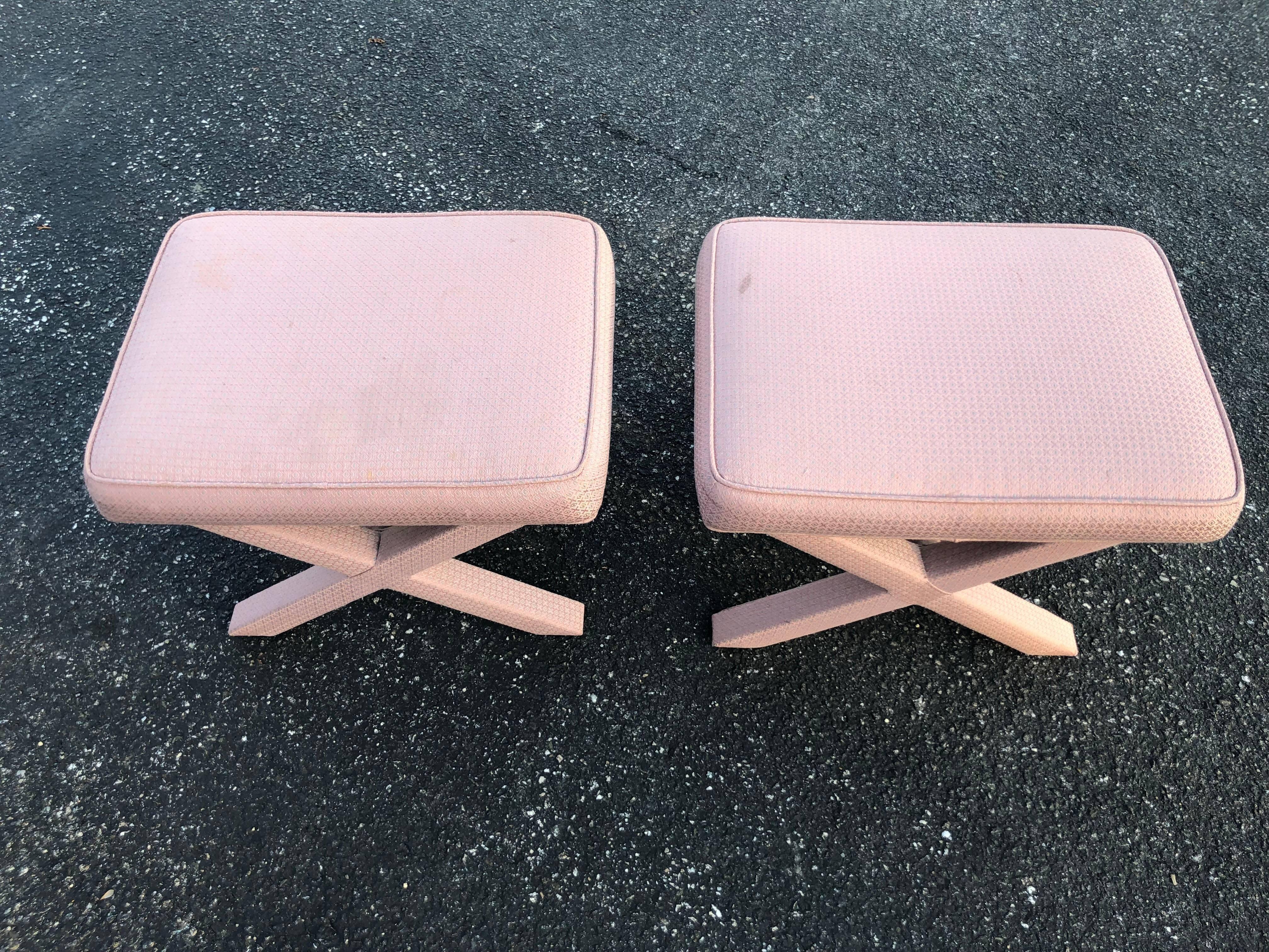 Mid-Century Modern Pair of X-Base Stools or Ottomans in the Style of Billy Baldwin