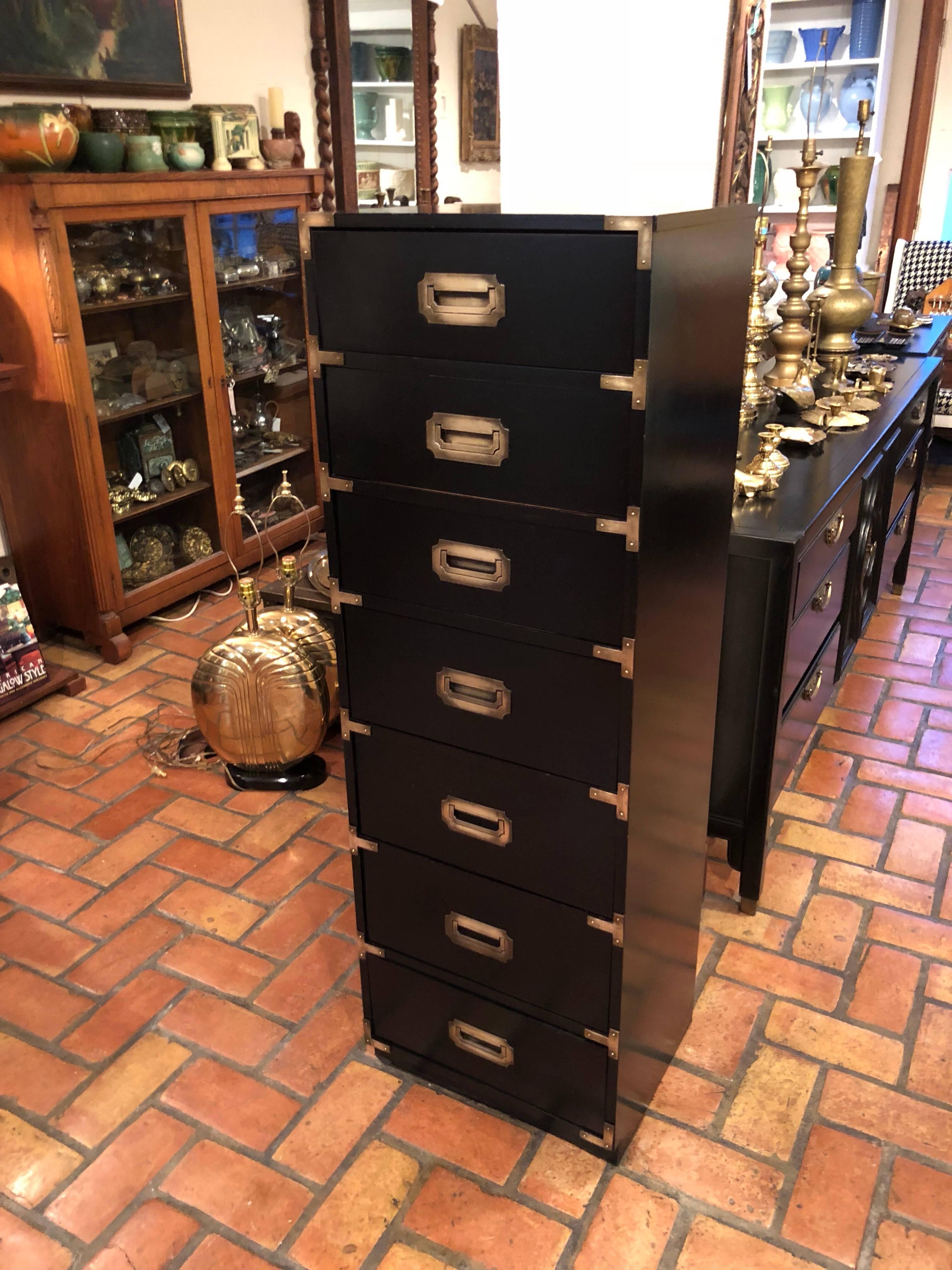 American Tall Black Campaign Chest of Drawers with Brass Accents