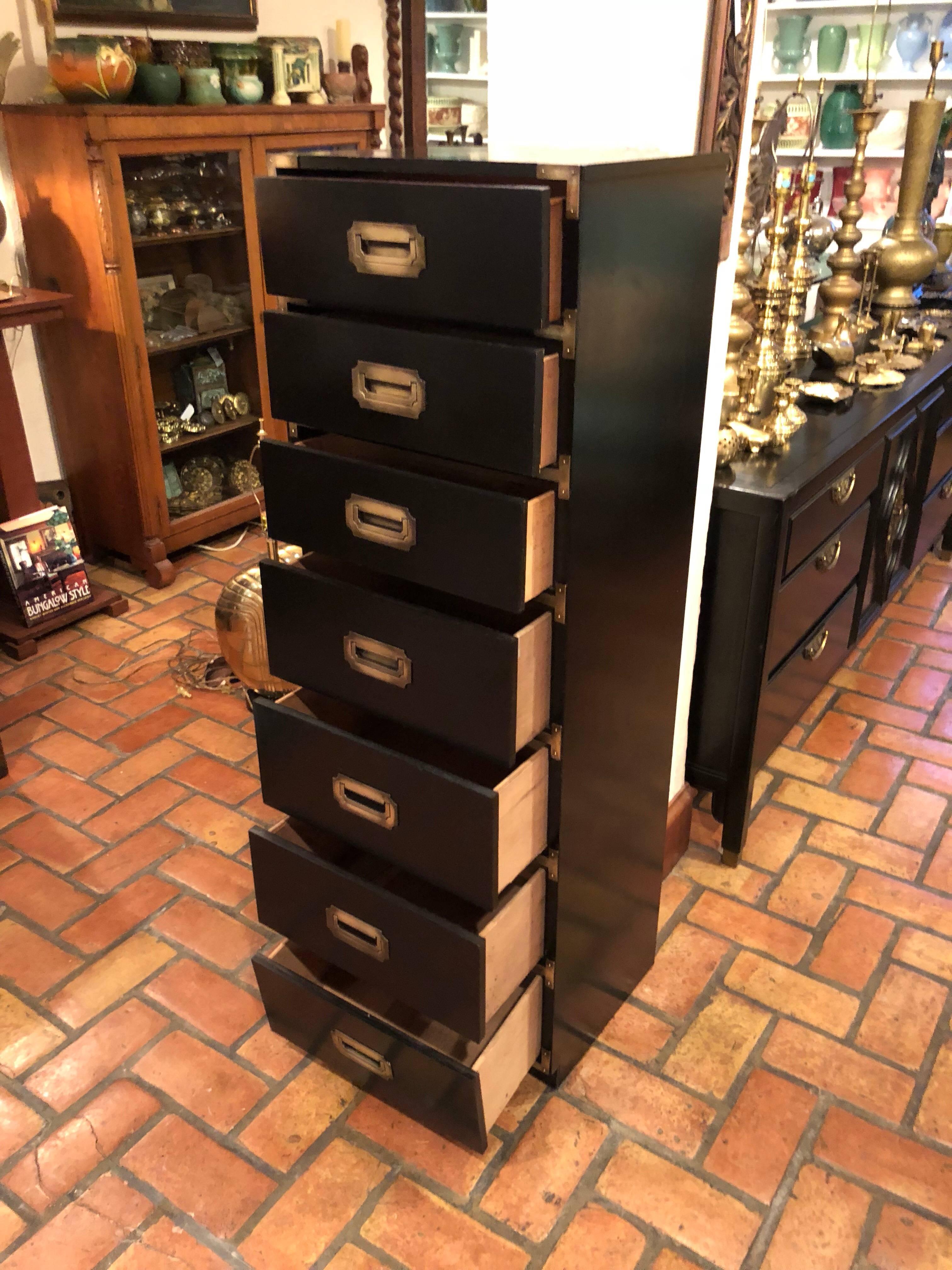 Late 20th Century Tall Black Campaign Chest of Drawers with Brass Accents