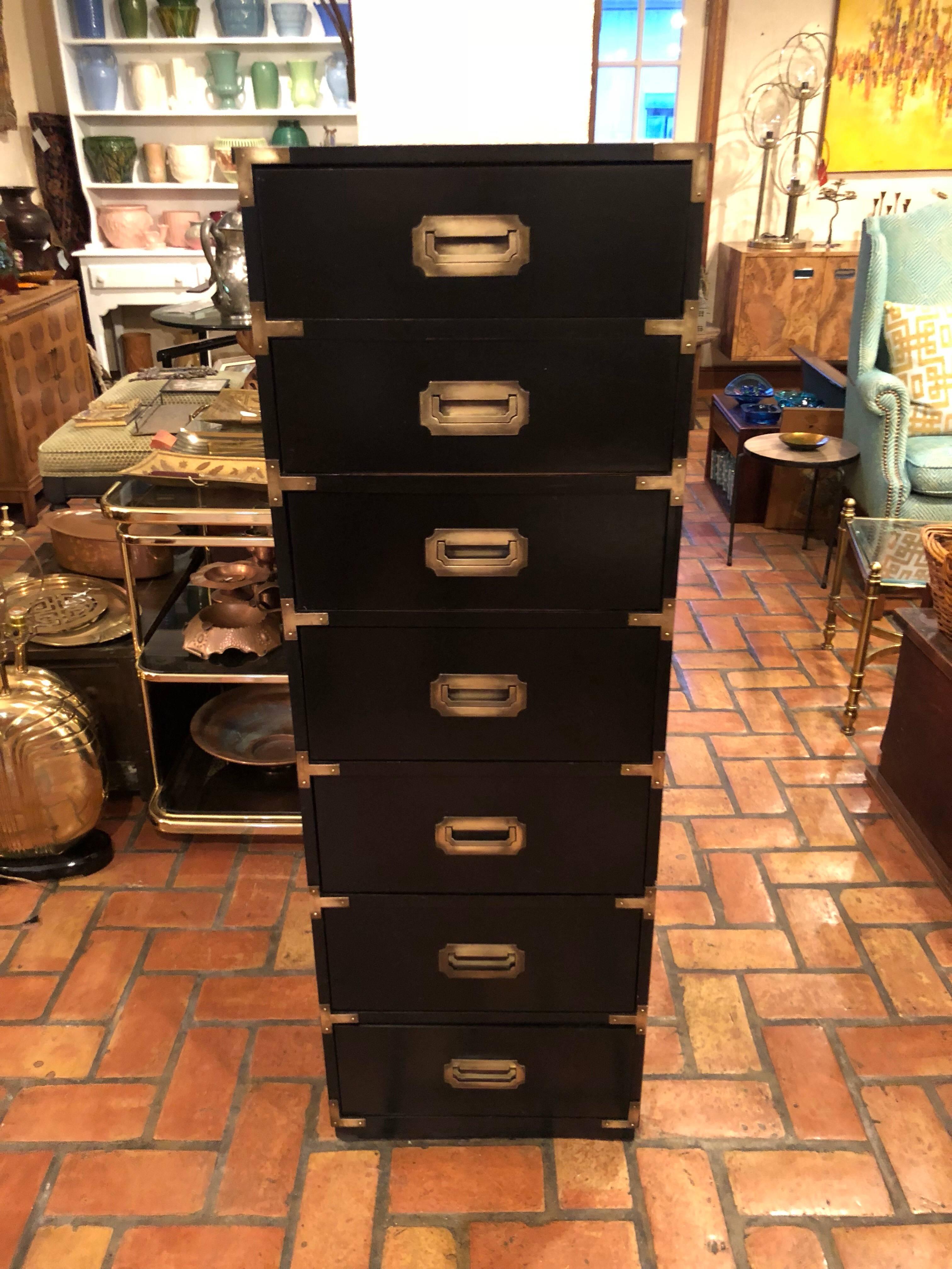 Tall Black Campaign Chest of Drawers with Brass Accents 1