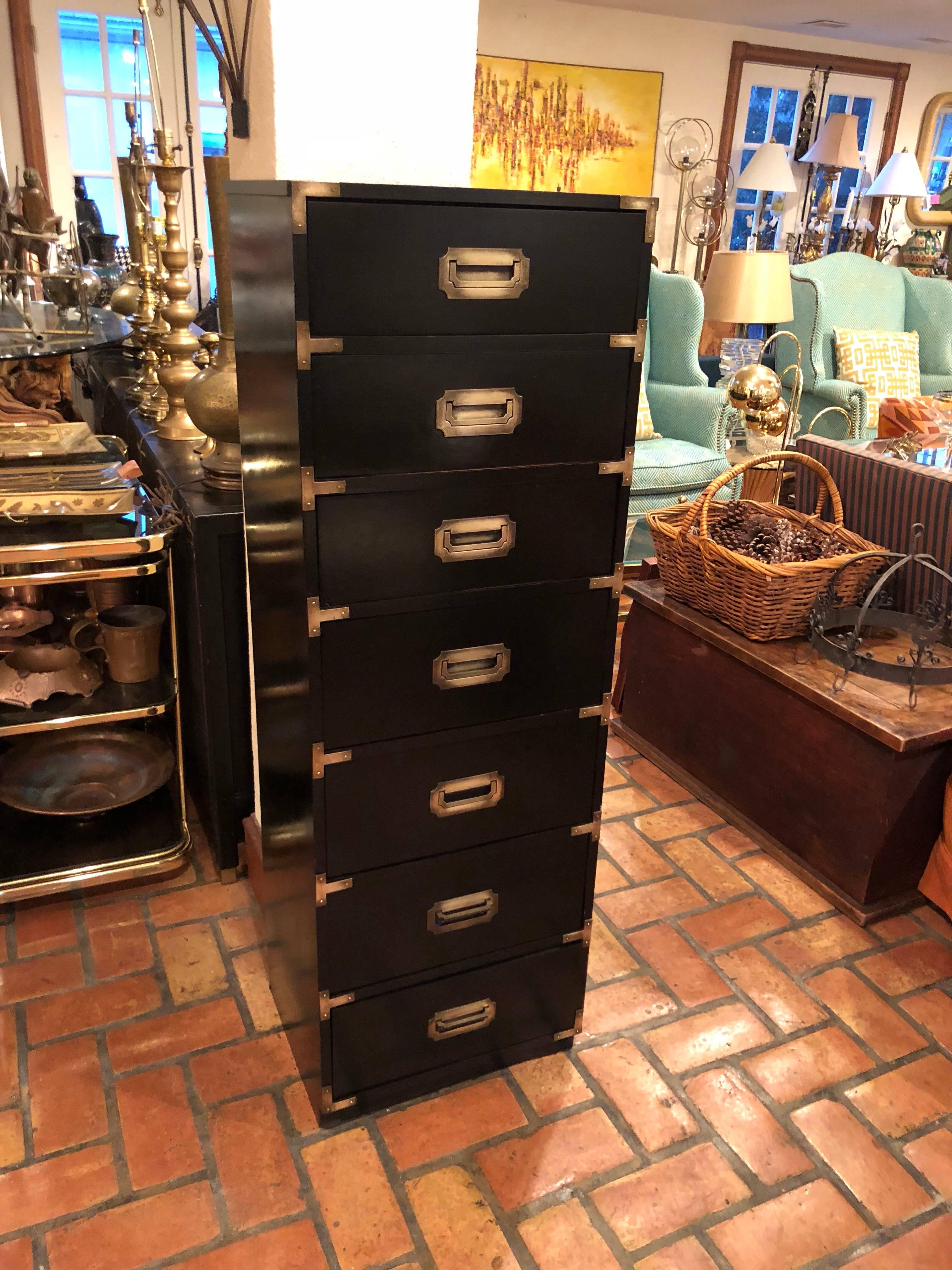 Tall Black Campaign Chest of Drawers with Brass Accents 2