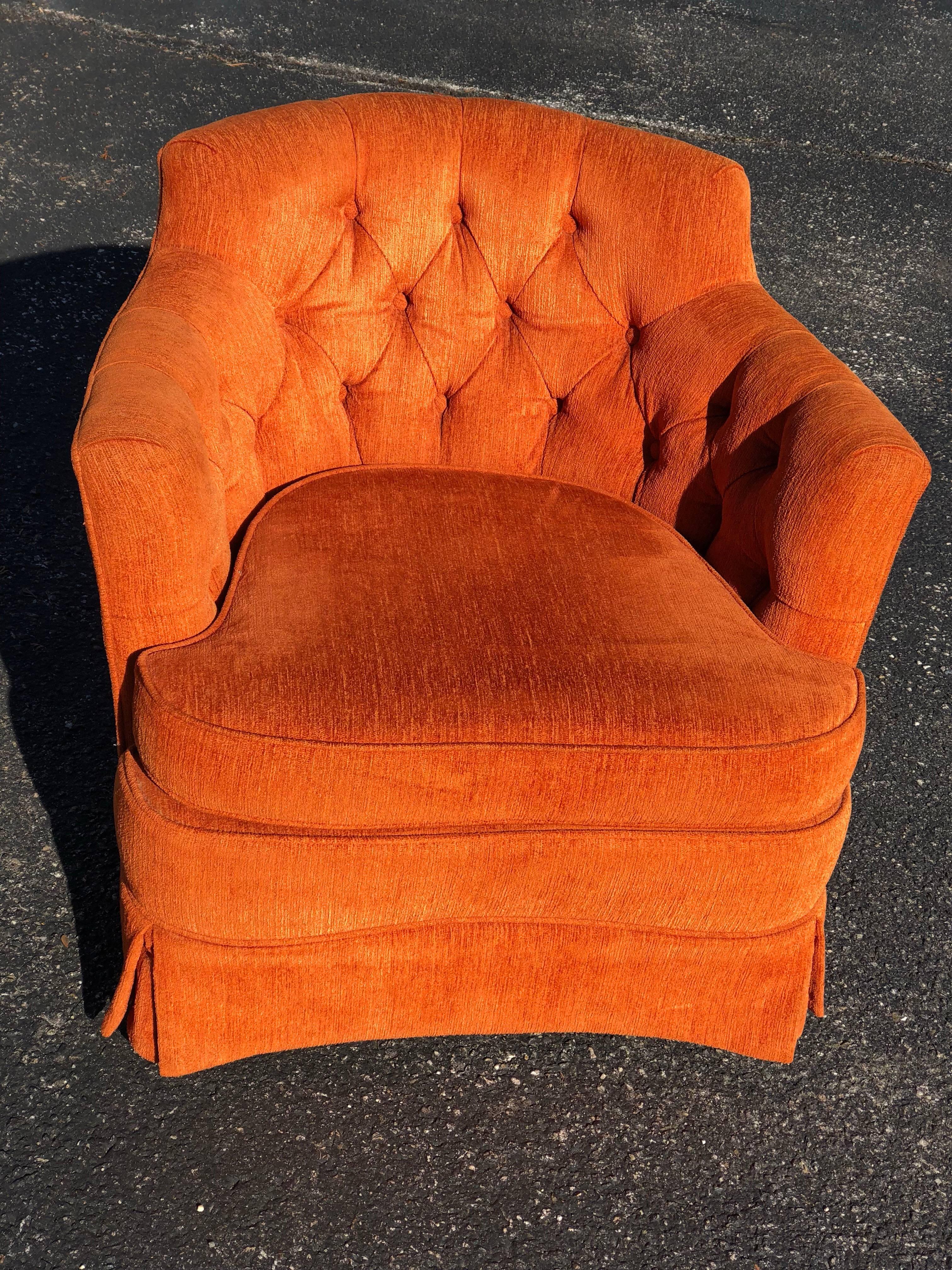 Hollywood Regency tufted orange club chair. On castors for easy movement. Excellent for a designer closet or dressing room, living room or bedroom. Or a nice accent piece to a child's bedroom.
Woodmark company had unparalleled integrity,