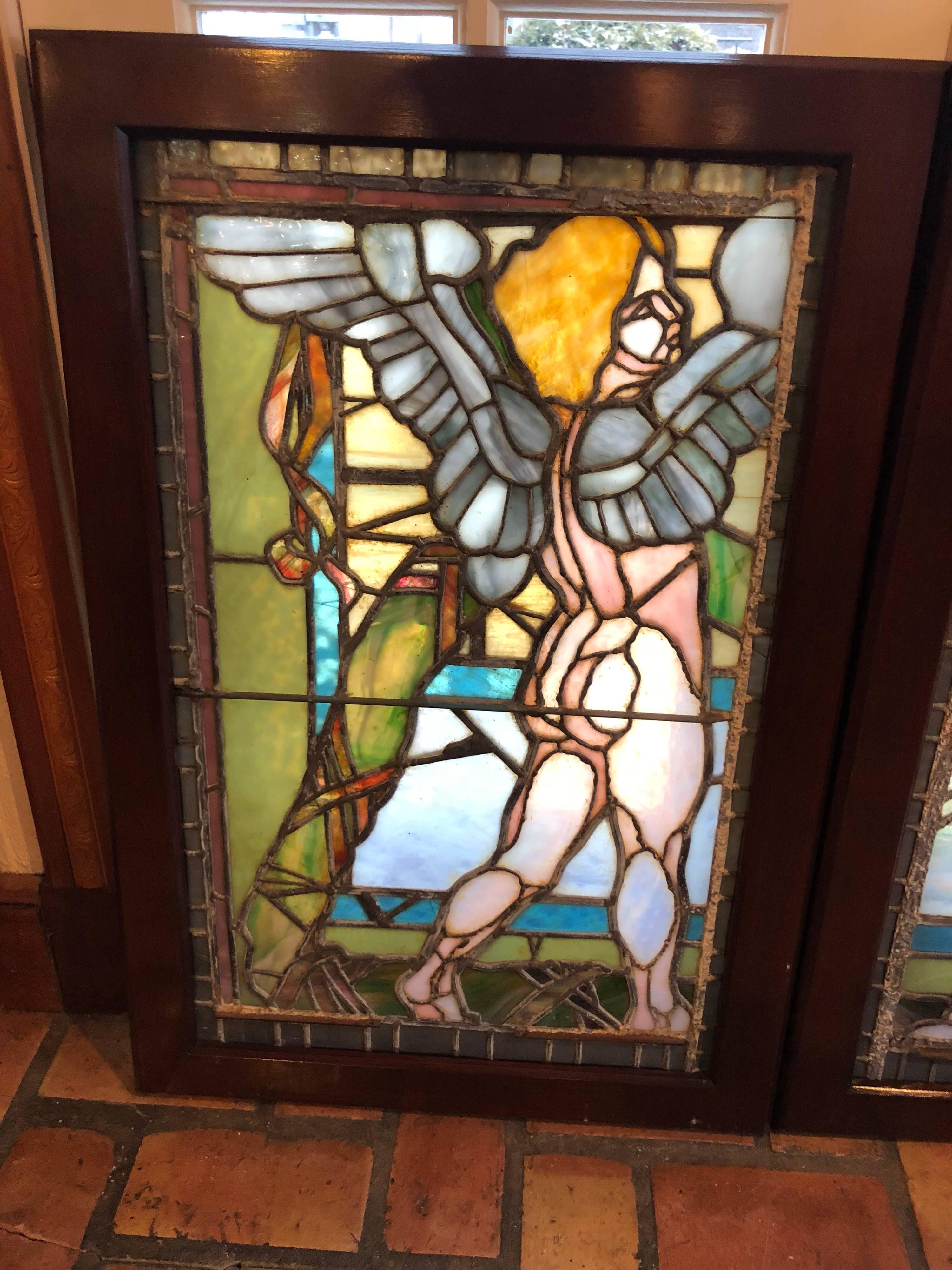 Arts and Crafts Pair of Antique Stained Glass Windows of Angels in Mahogany Frames for $3200 