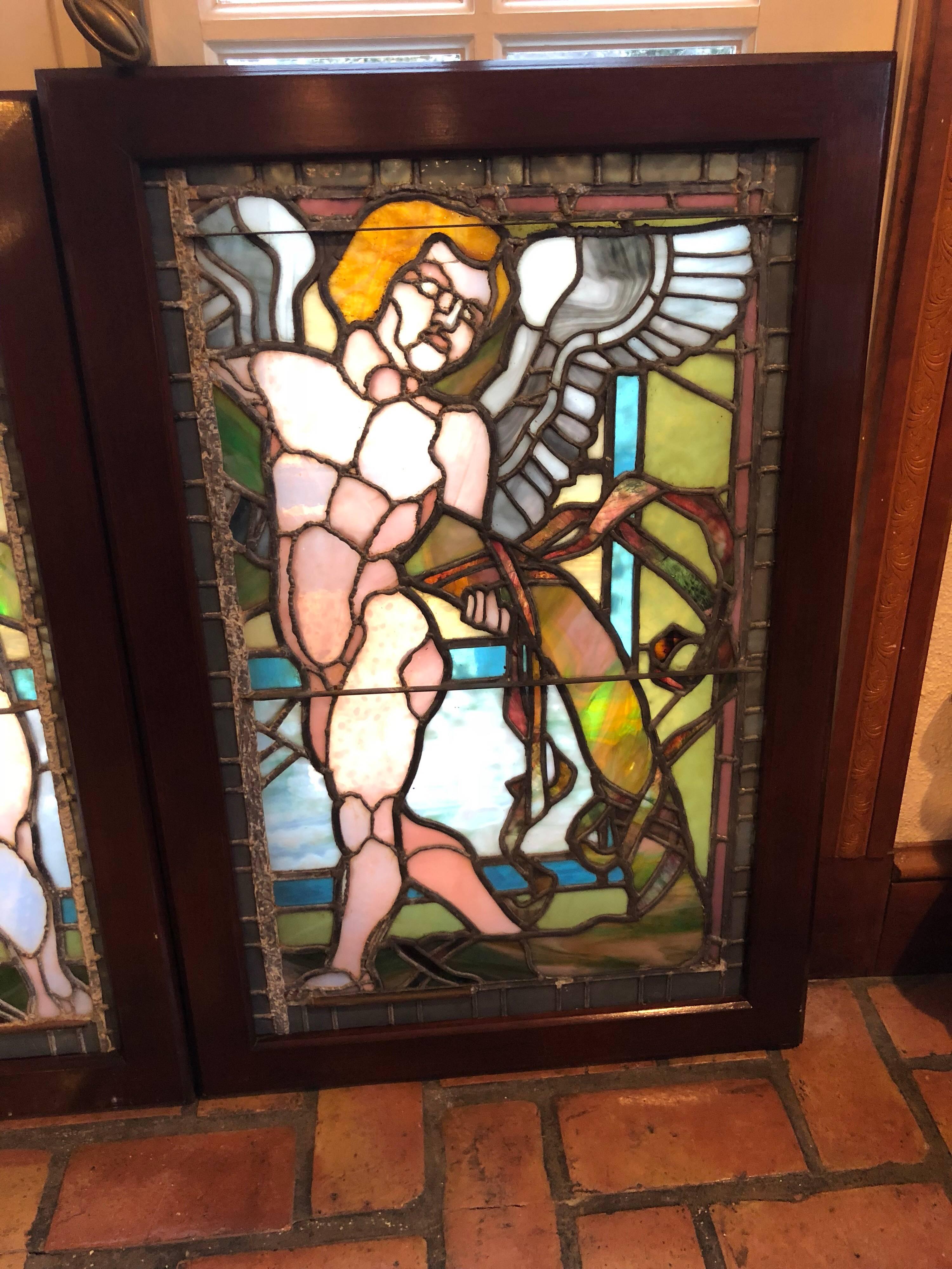 Pair of Antique Stained Glass Windows of Angels in Mahogany Frames for $3200  In Good Condition In Redding, CT