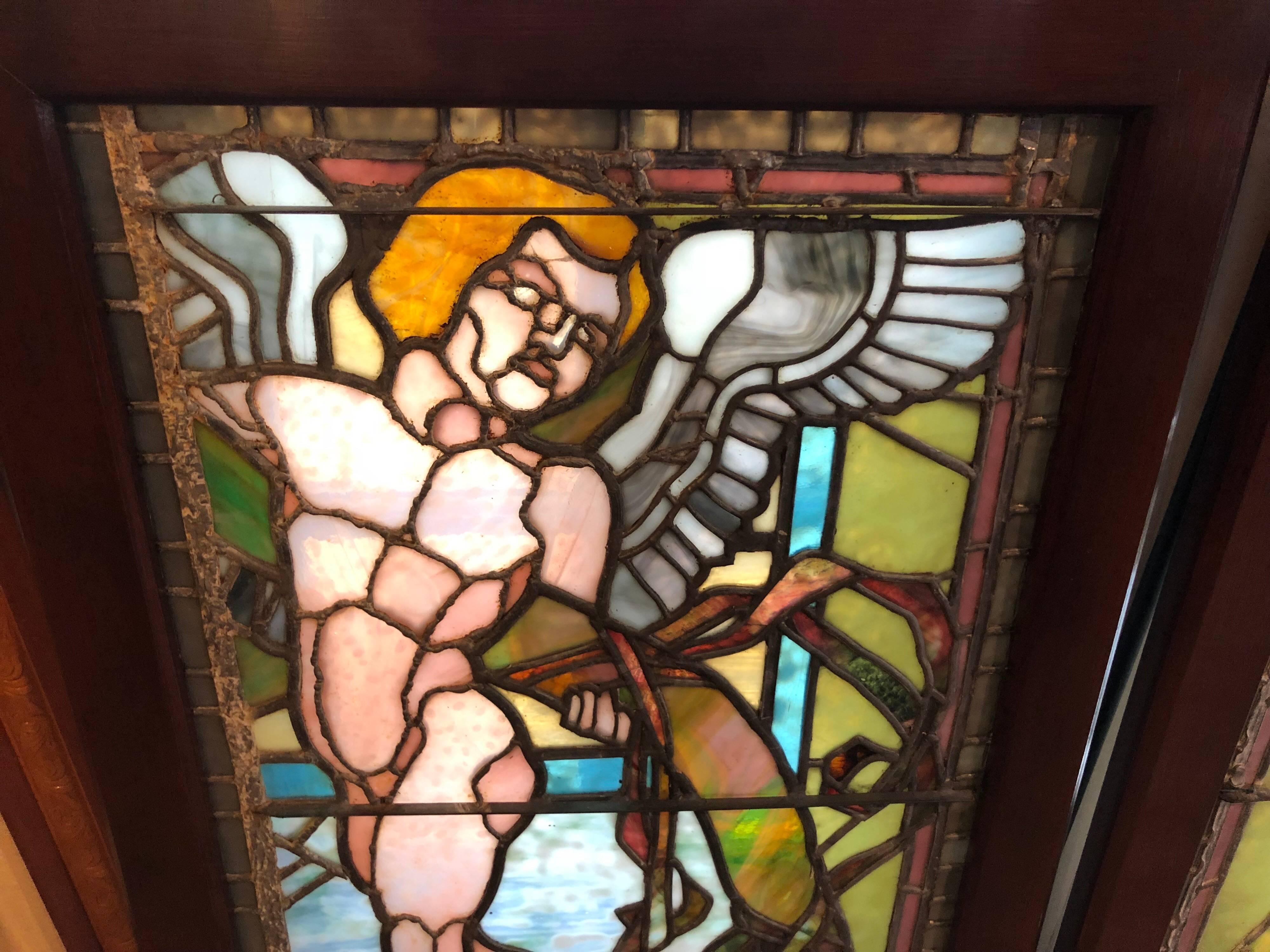 19th Century Pair of Antique Stained Glass Windows of Angels in Mahogany Frames for $3200 