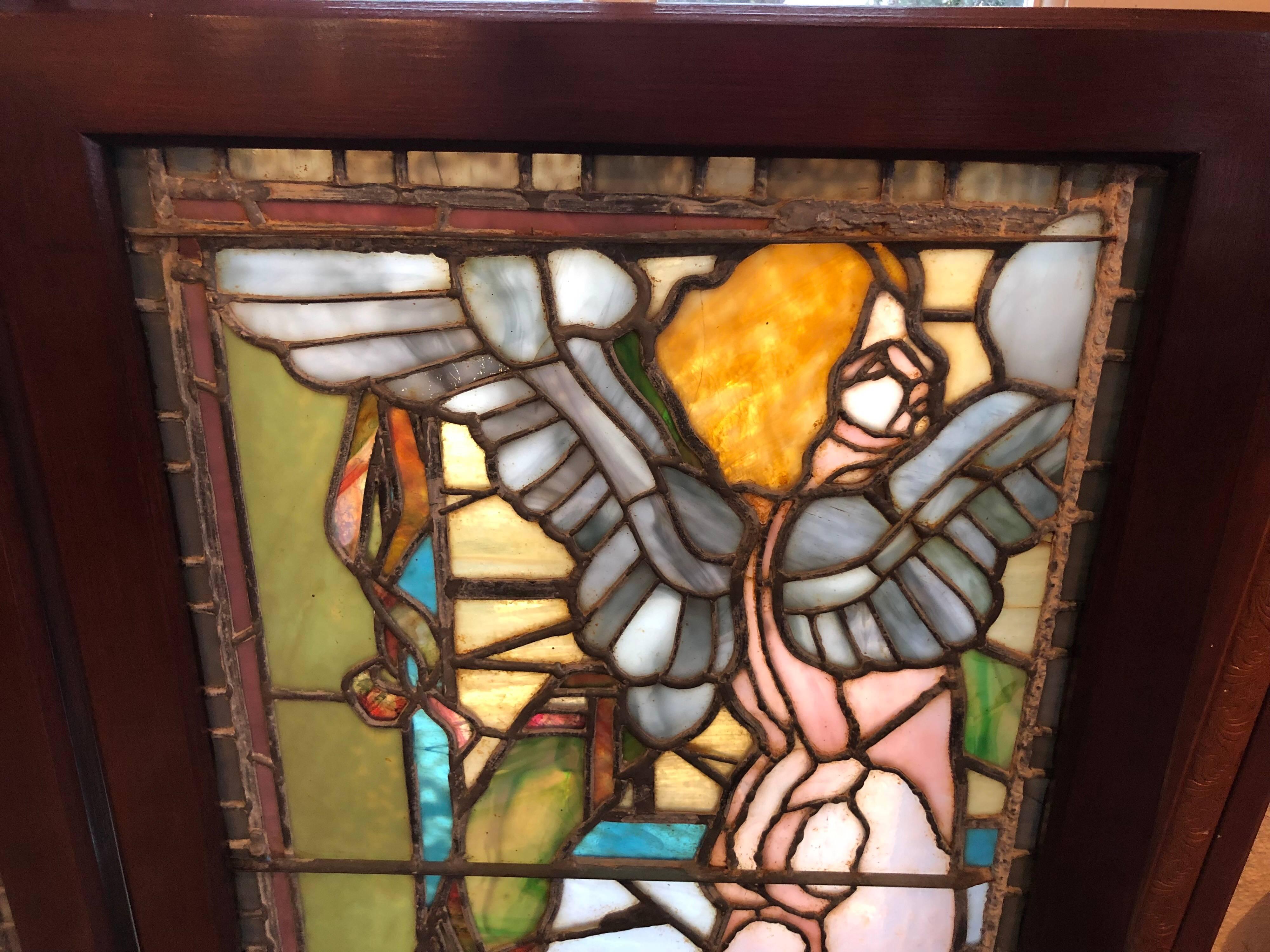 Pair of Antique Stained Glass Windows of Angels in Mahogany Frames for $3200  1
