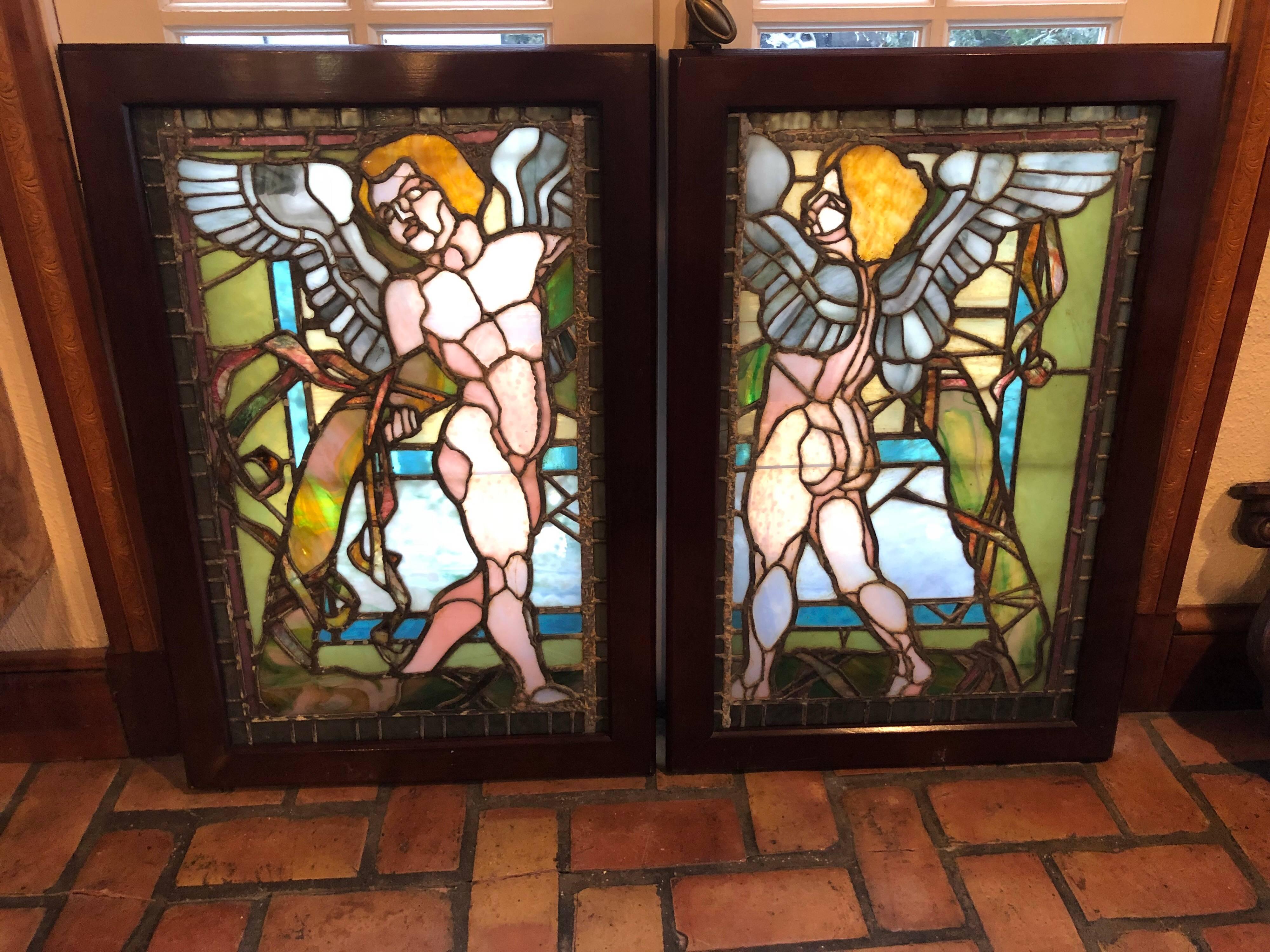 Pair of Antique Stained Glass Windows of Angels in Mahogany Frames for $3200  5
