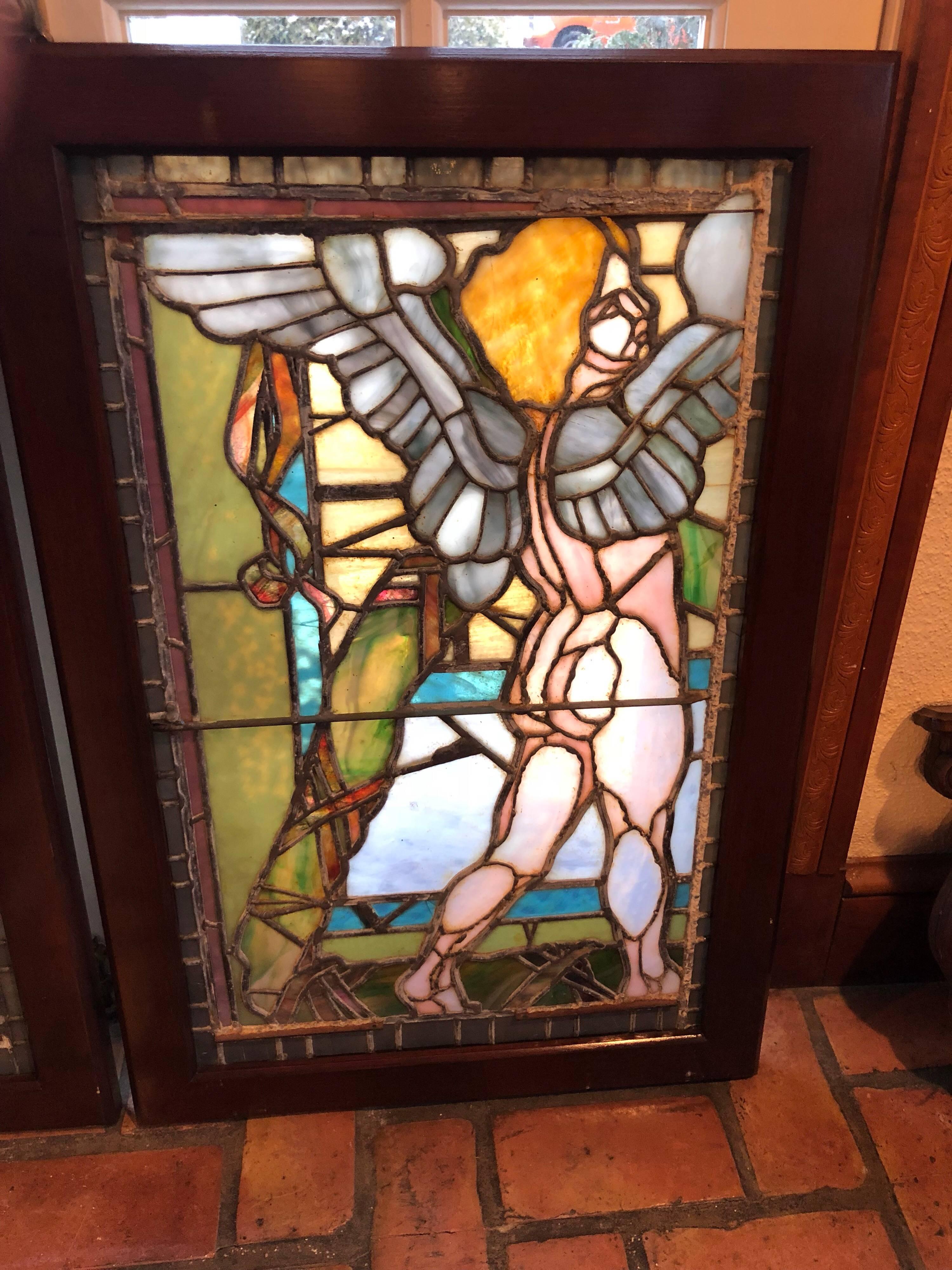 Pair of Antique Stained Glass Windows of Angels in Mahogany Frames for $3200  2
