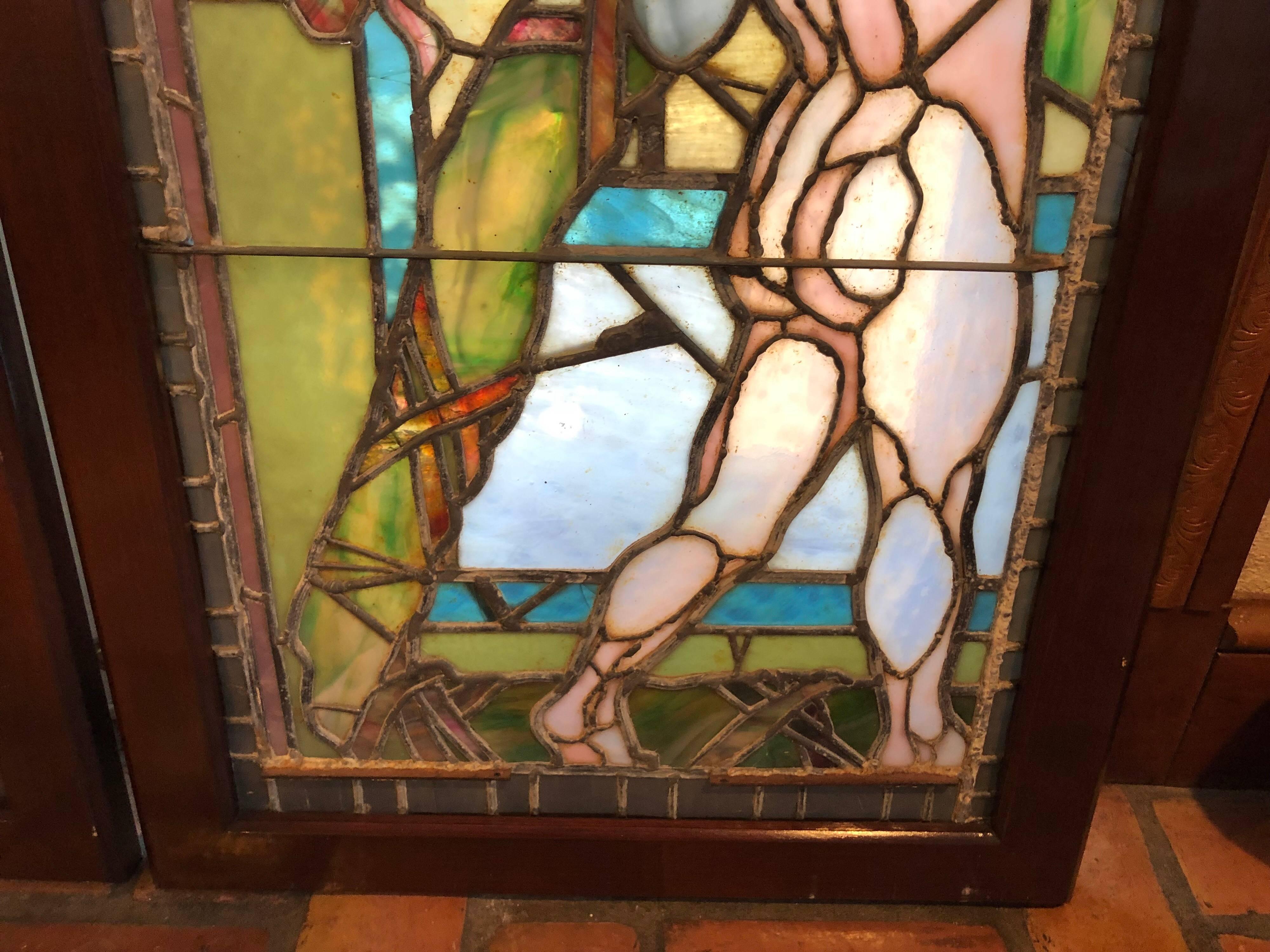 Pair of Antique Stained Glass Windows of Angels in Mahogany Frames for $3200  3