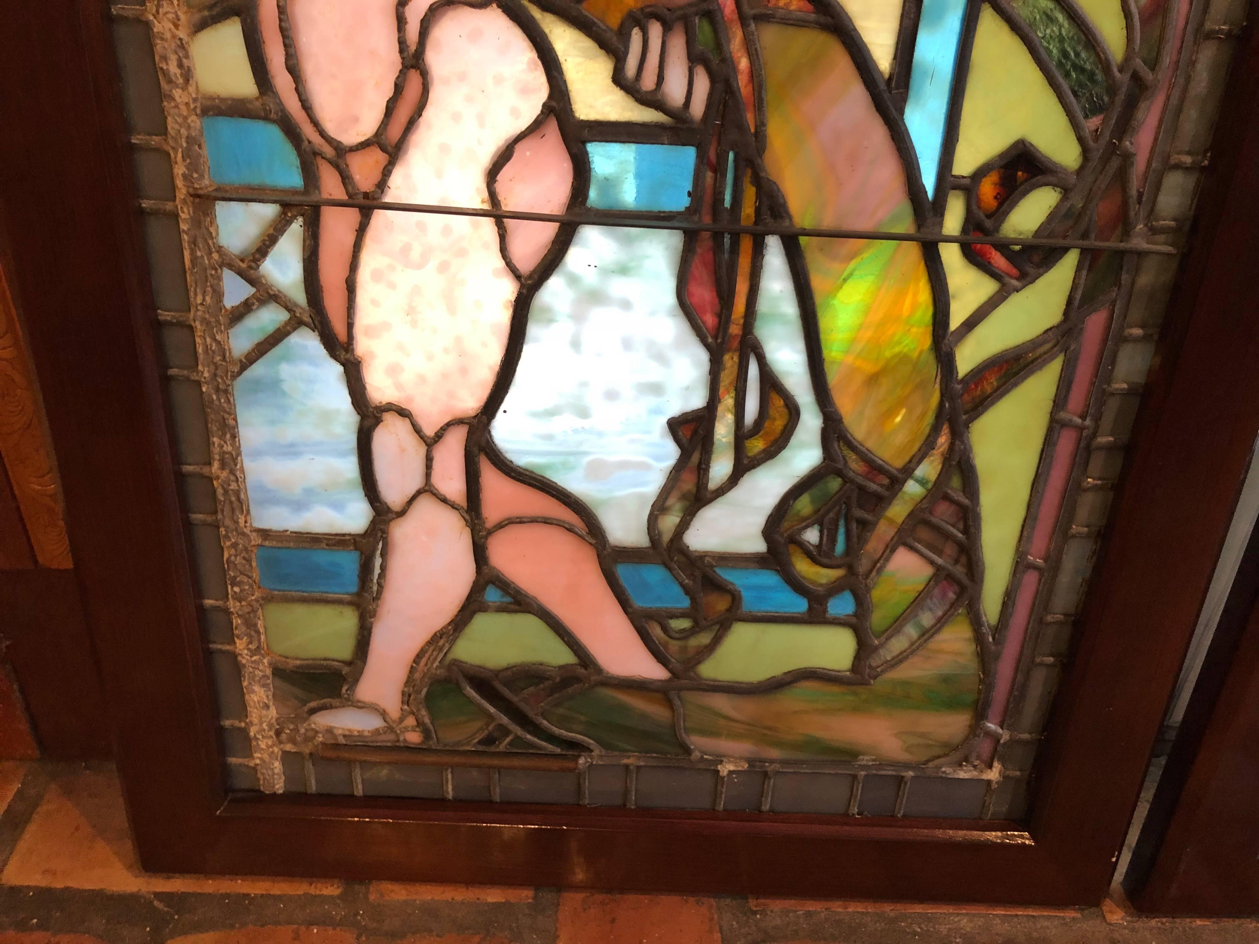 Pair of Antique Stained Glass Windows of Angels in Mahogany Frames for $3200  4
