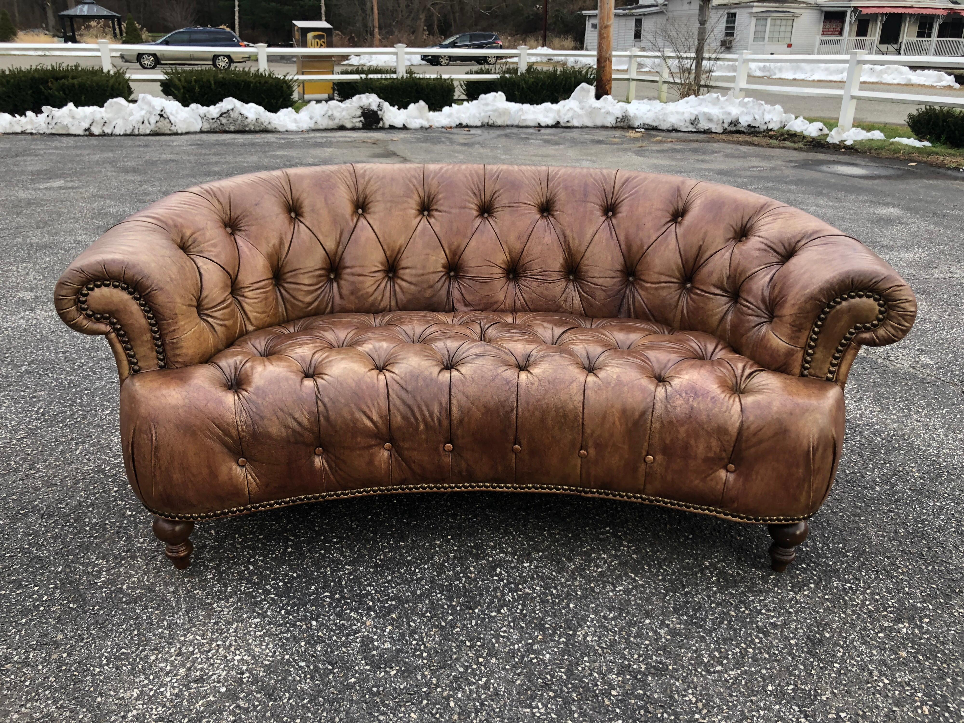 Curved Light Brown Italian Leather Chesterfield Sofa In Good Condition In Redding, CT