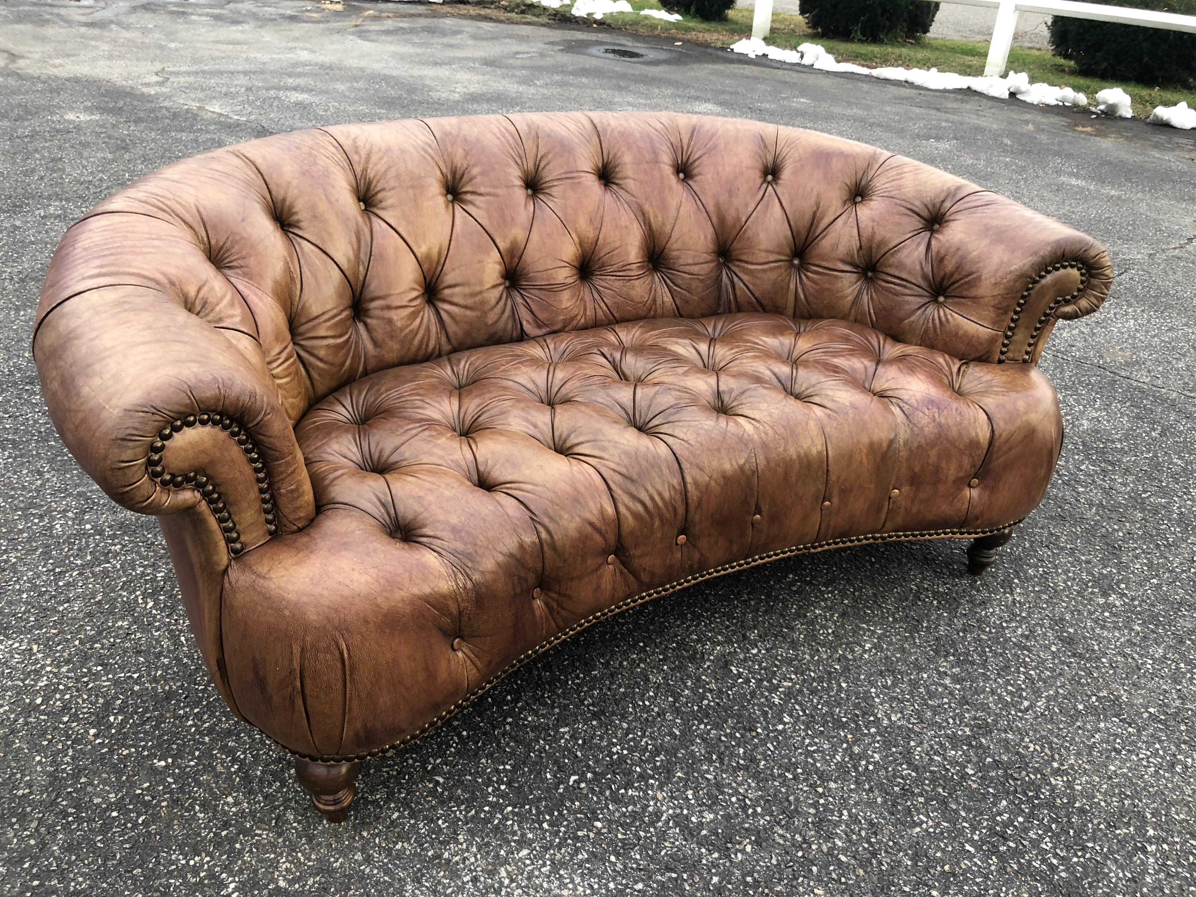 20th Century Curved Light Brown Italian Leather Chesterfield Sofa