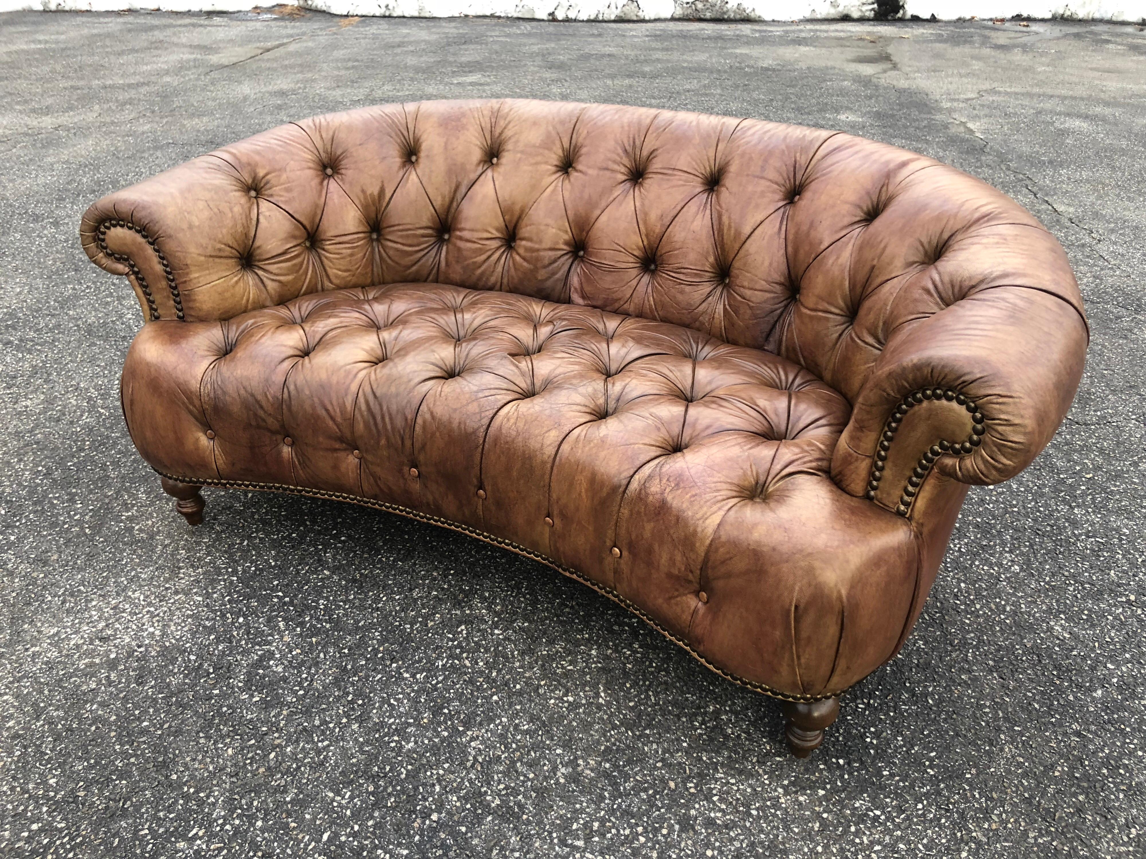 Curved Light Brown Italian Leather Chesterfield Sofa 1