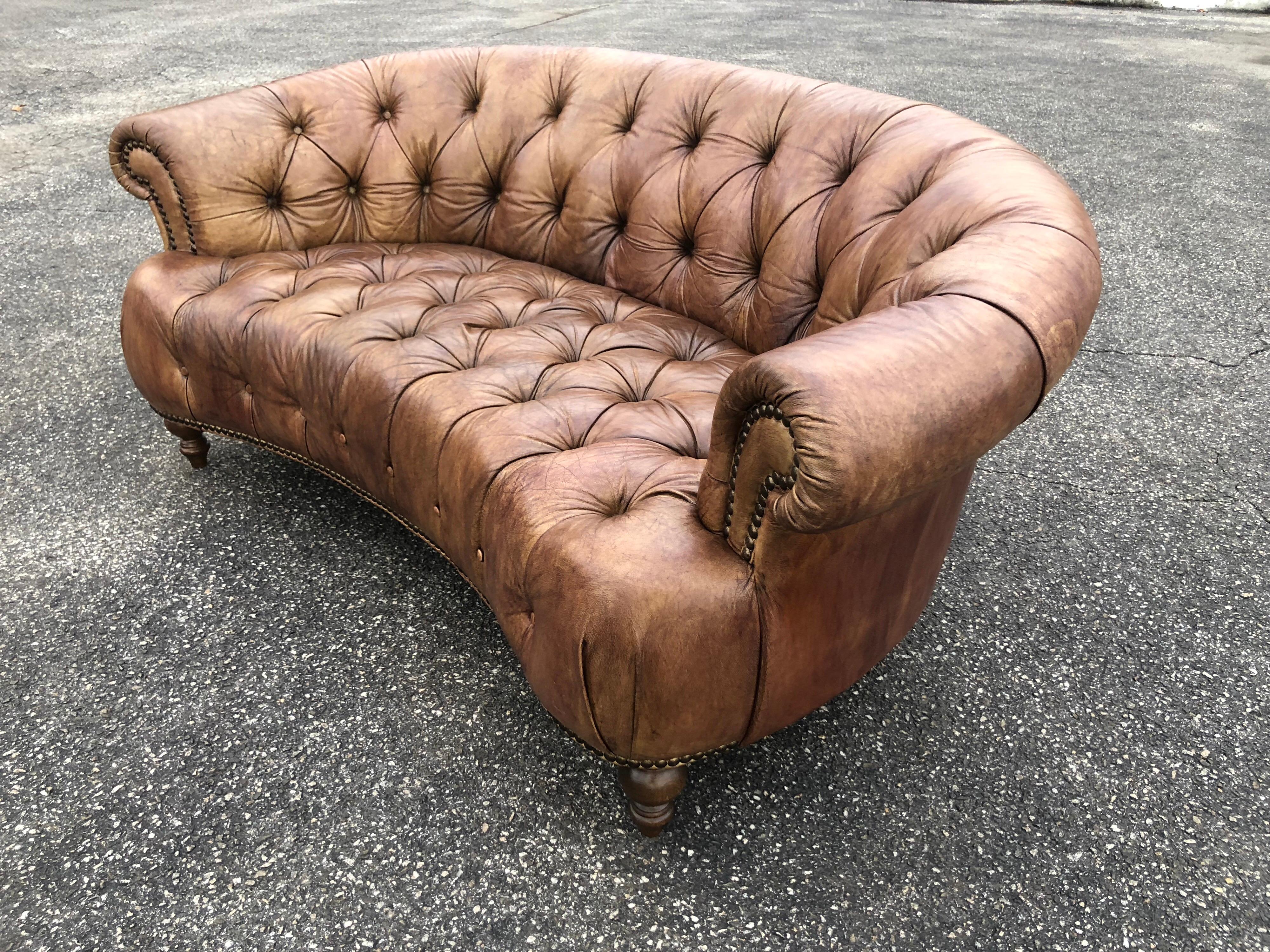 Curved Light Brown Italian Leather Chesterfield Sofa 2