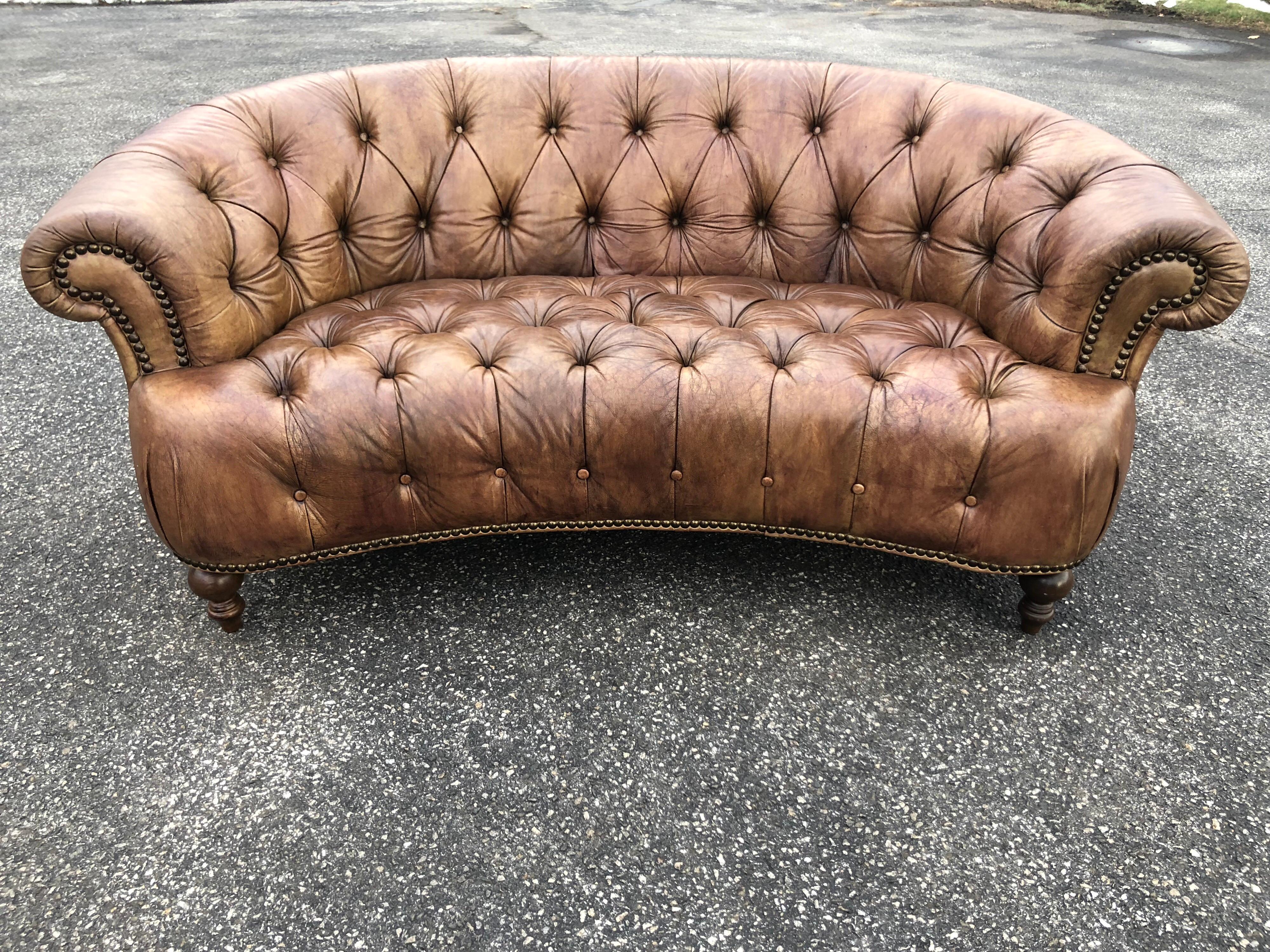 Curved Light Brown Italian Leather Chesterfield Sofa 4