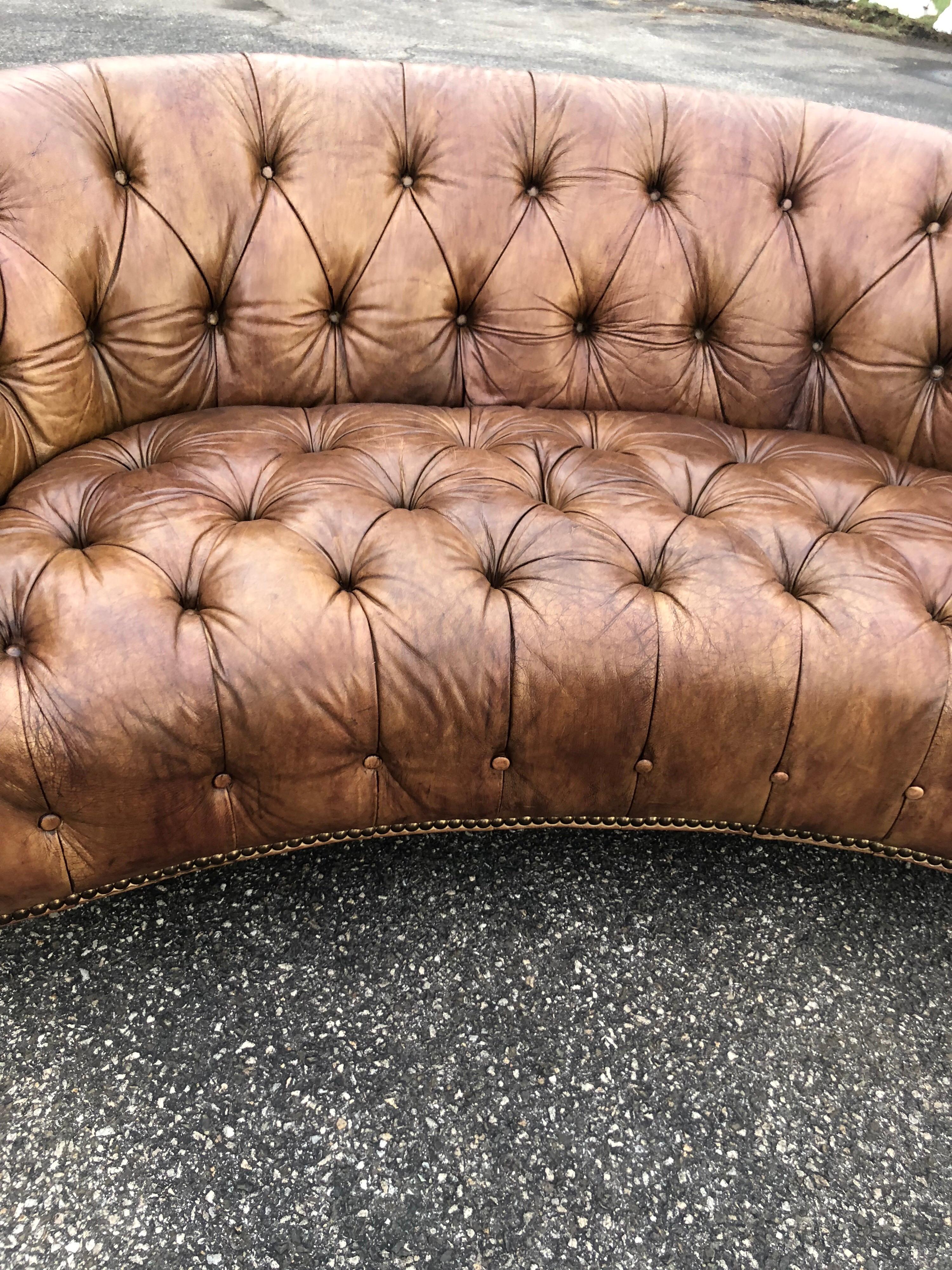 Curved Light Brown Italian Leather Chesterfield Sofa 6