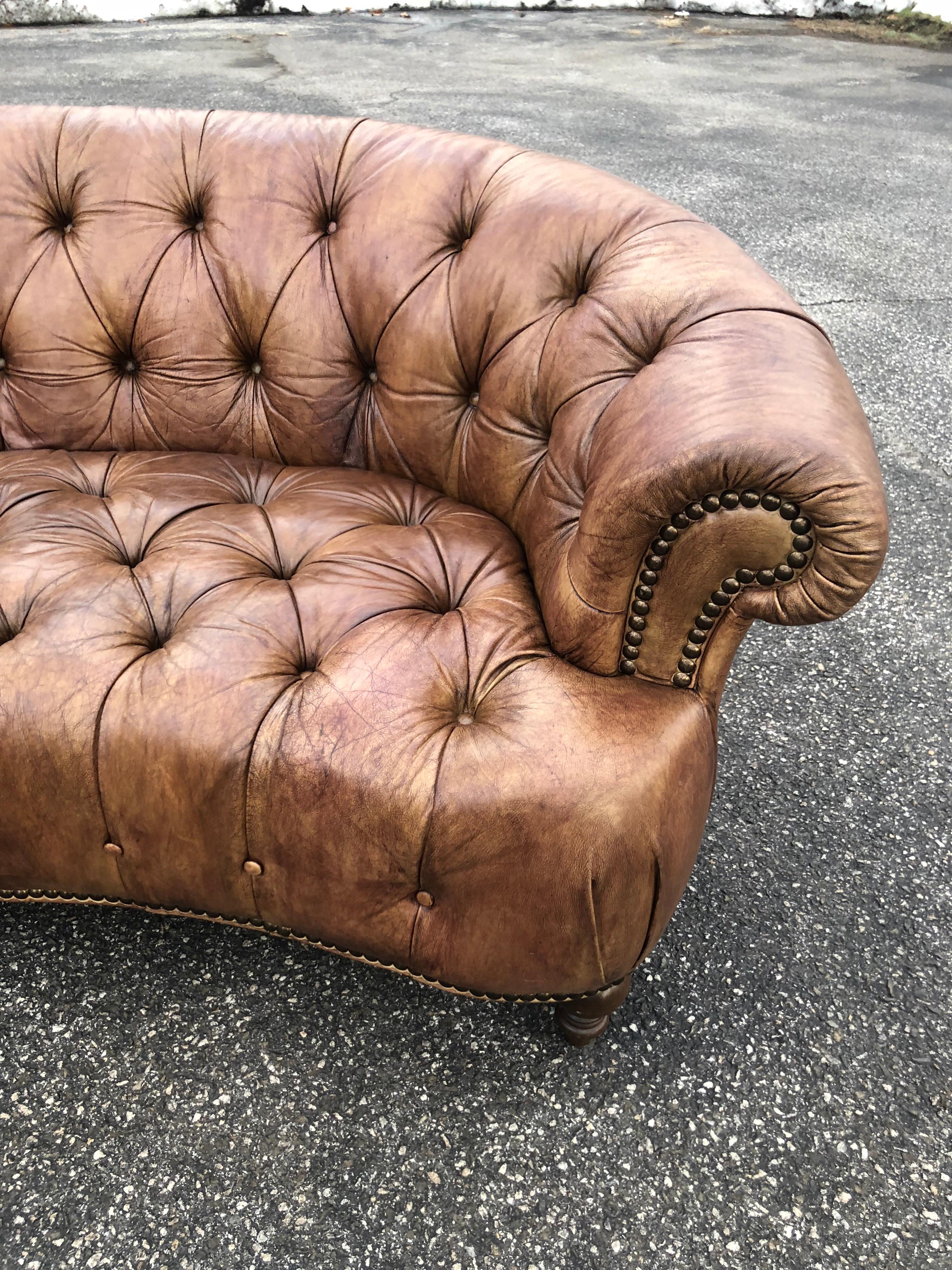Curved Light Brown Italian Leather Chesterfield Sofa 7