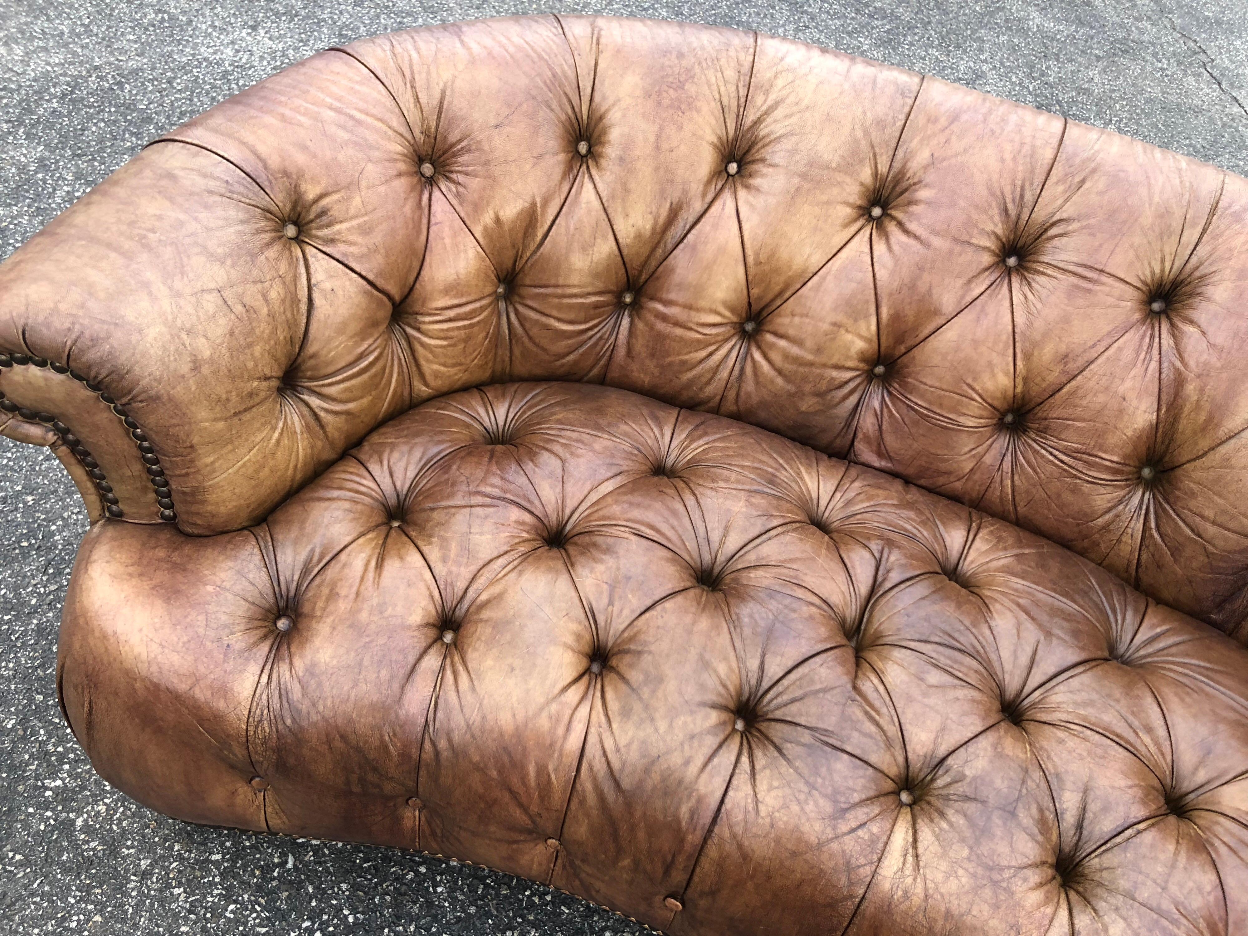 Curved Light Brown Italian Leather Chesterfield Sofa 9
