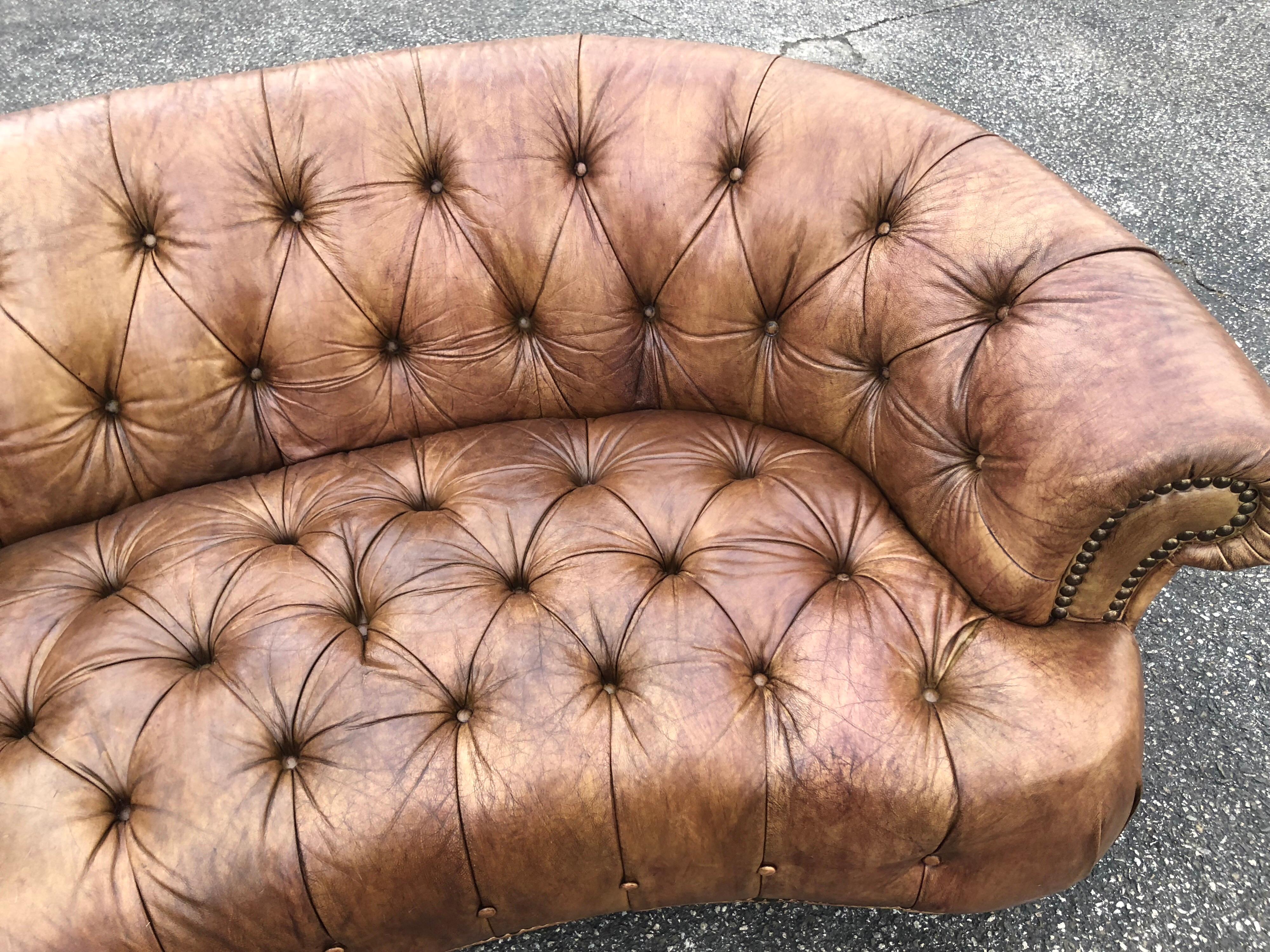 Curved Light Brown Italian Leather Chesterfield Sofa 10