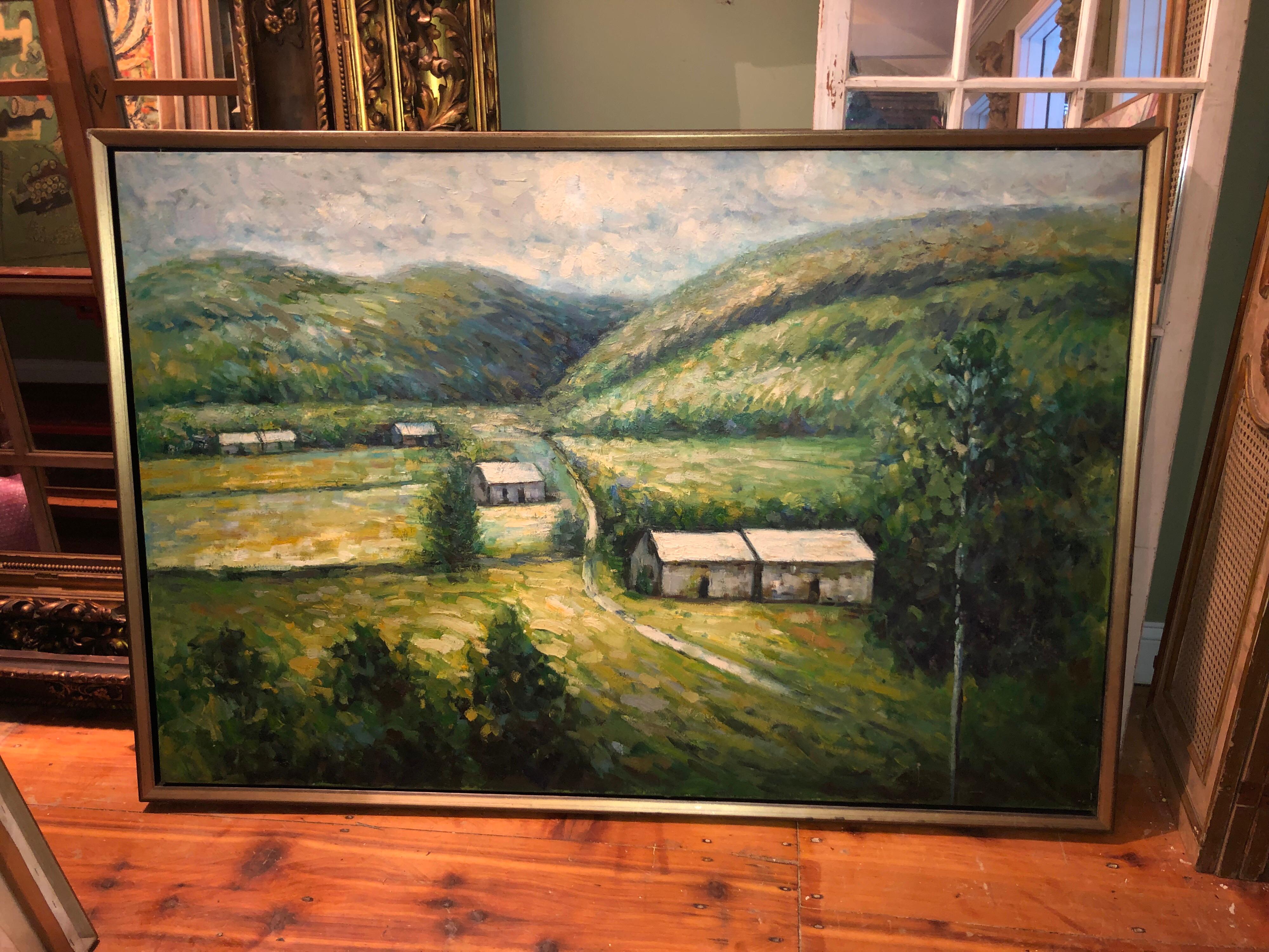 Huge 3.50' x 5' Impasto Plein Air landscape oil on canvas. Perfect for that large empty wall. Deep, rich landscape that pulls you in. Heavy impasto painted technique. Bucolic green mountains and a few small cottages make up the composition.