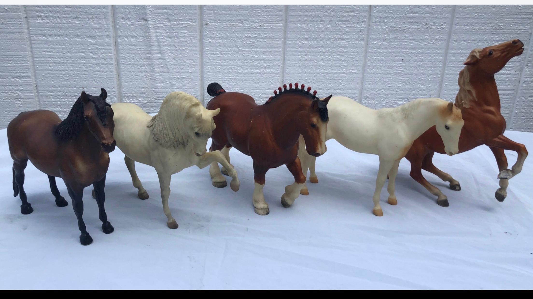 Collection of Five Vintage Breyer Horses. All stamped officially on the inner leg. Perfect gift for that collector. The Clydesdale is one inch larger than the other horses. This item can parcel ship for $45. Please request parcel shipping at