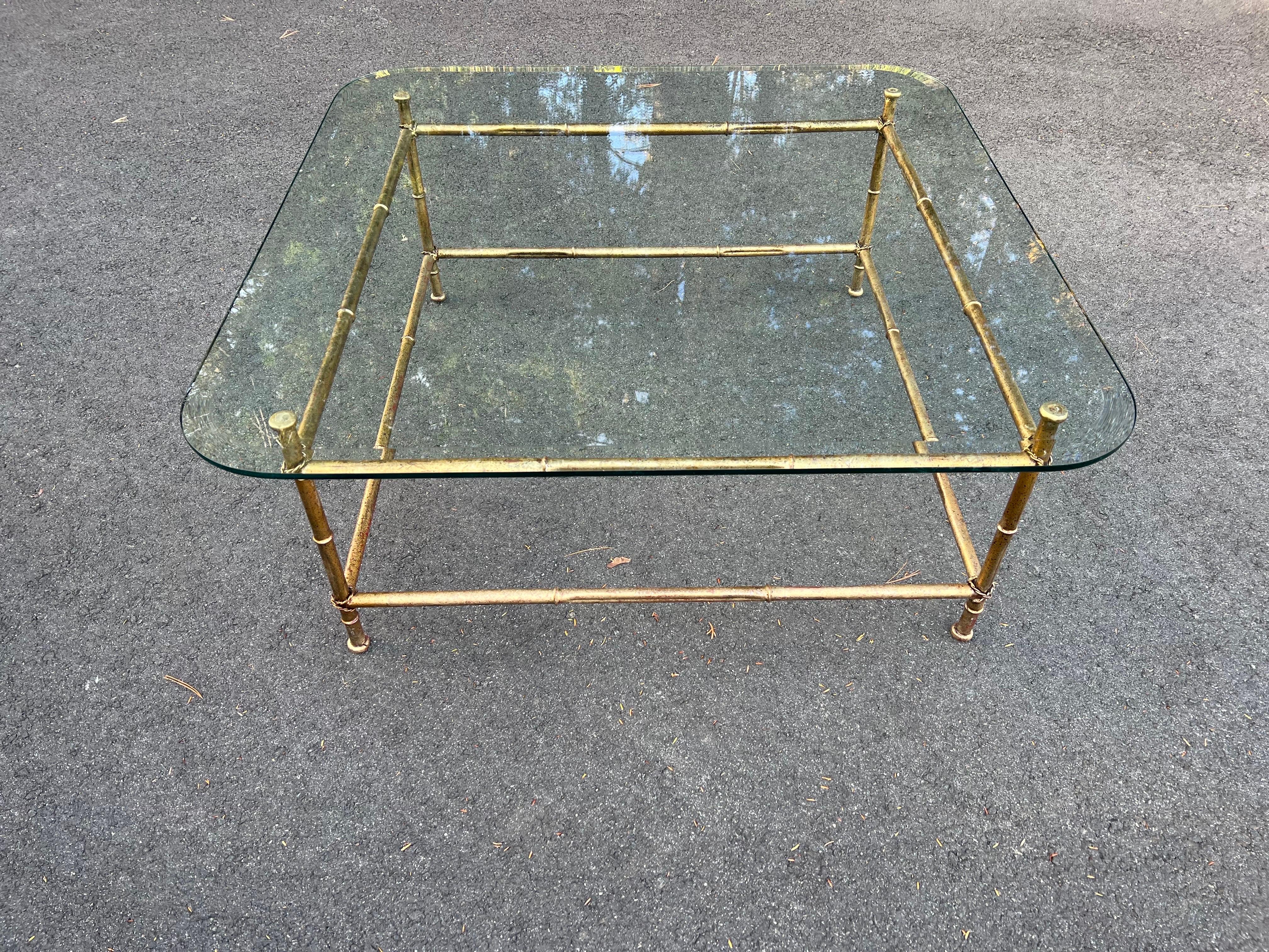 Mid-Century Modern Faux Bamboo Glass and Gilt Metal Coffee Table For Sale
