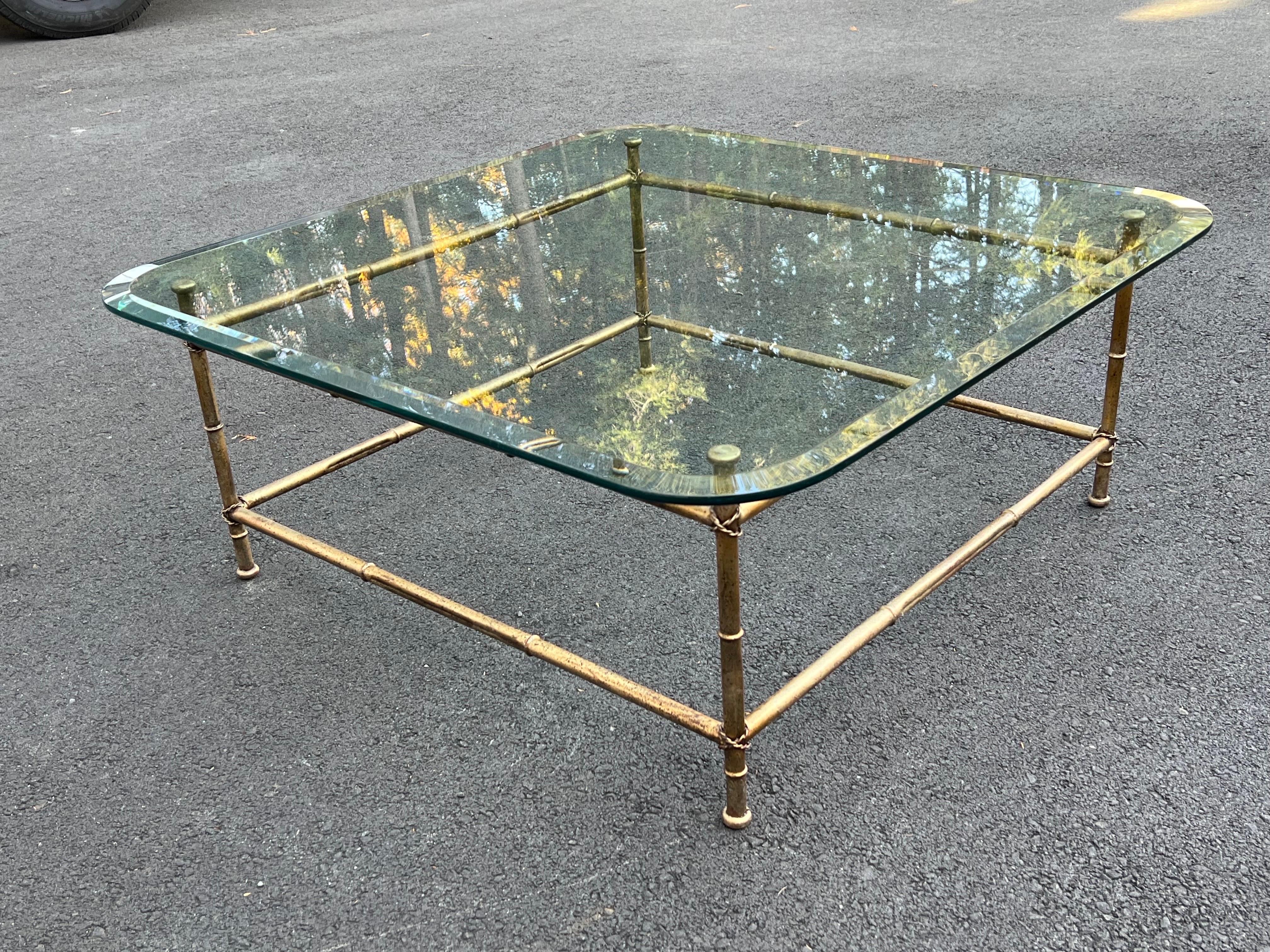 Faux Bamboo Glass and Gilt Metal Coffee Table For Sale 8