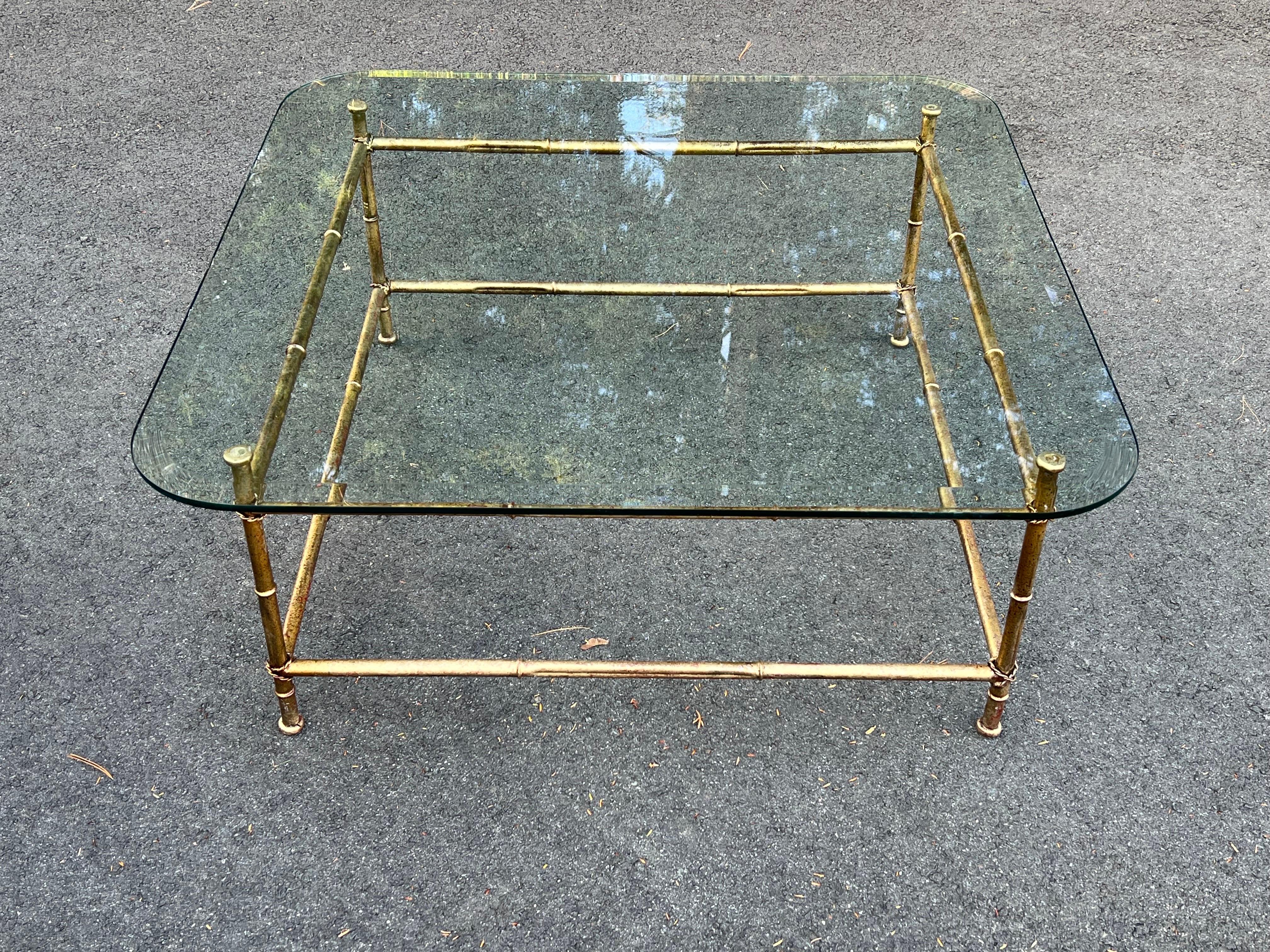 Faux Bamboo Glass and Gilt Metal Coffee Table For Sale 10
