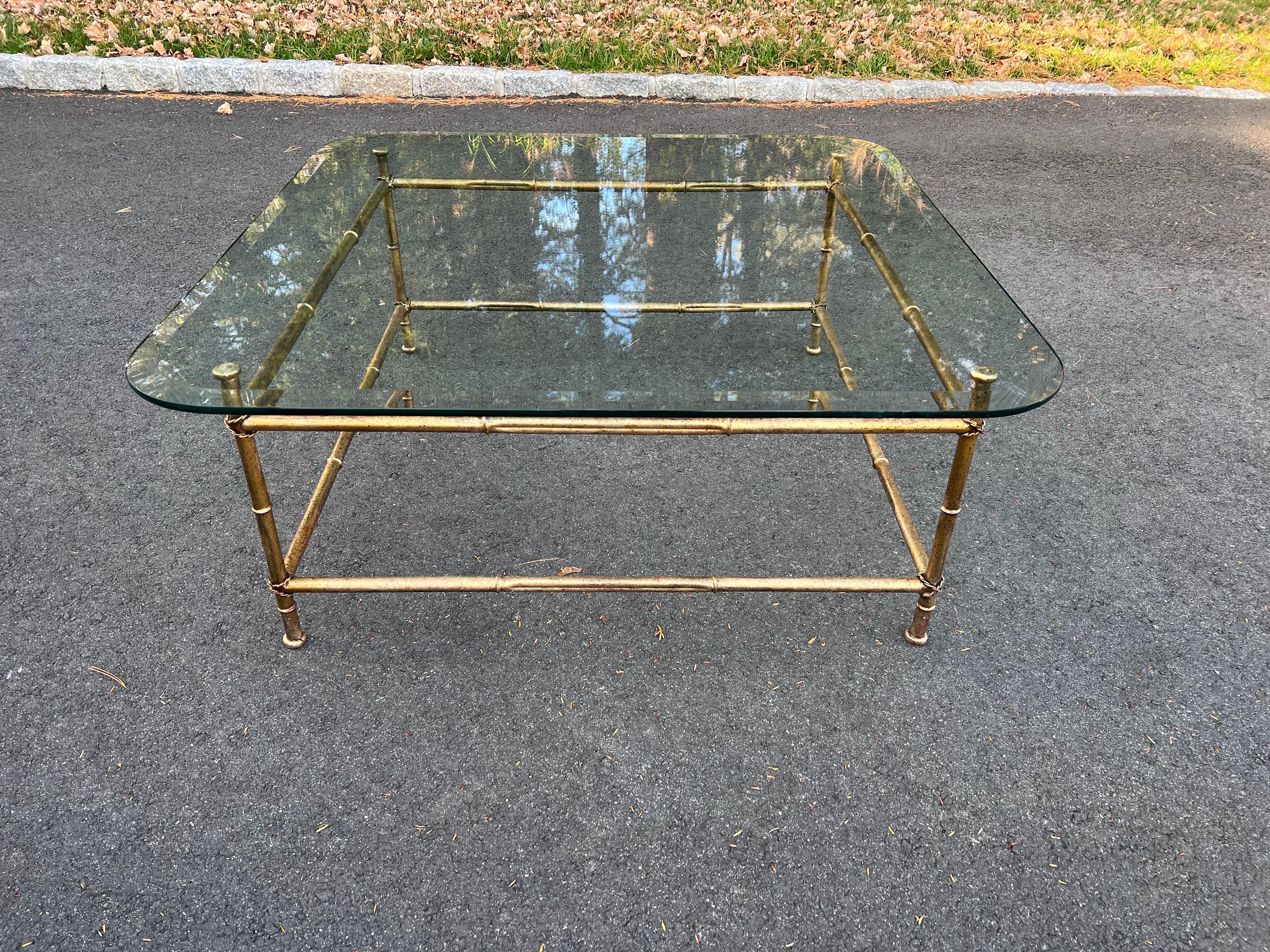 Faux Bamboo Glass and Gilt Metal Coffee Table In Good Condition For Sale In Redding, CT