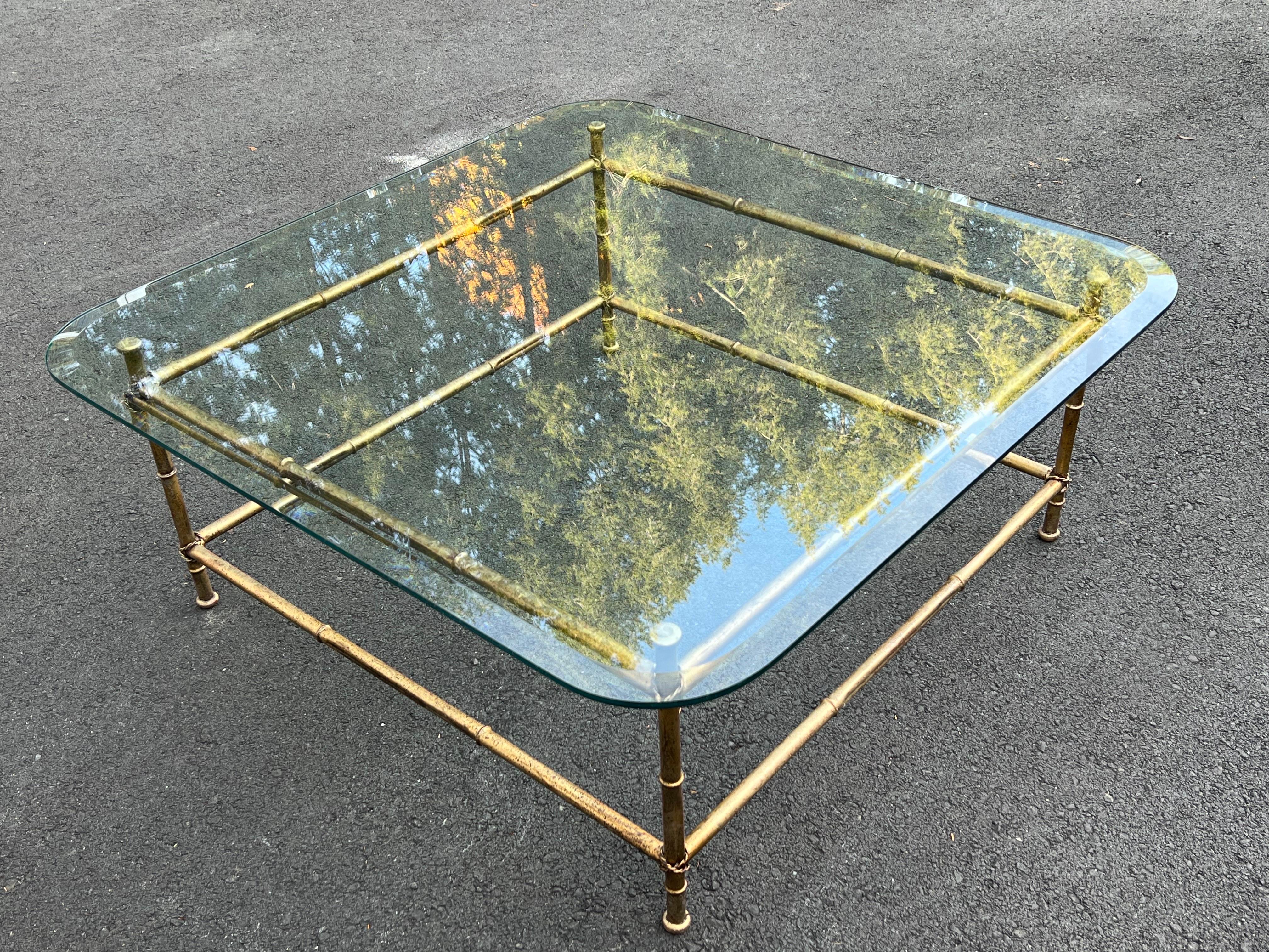 Faux Bamboo Glass and Gilt Metal Coffee Table For Sale 1