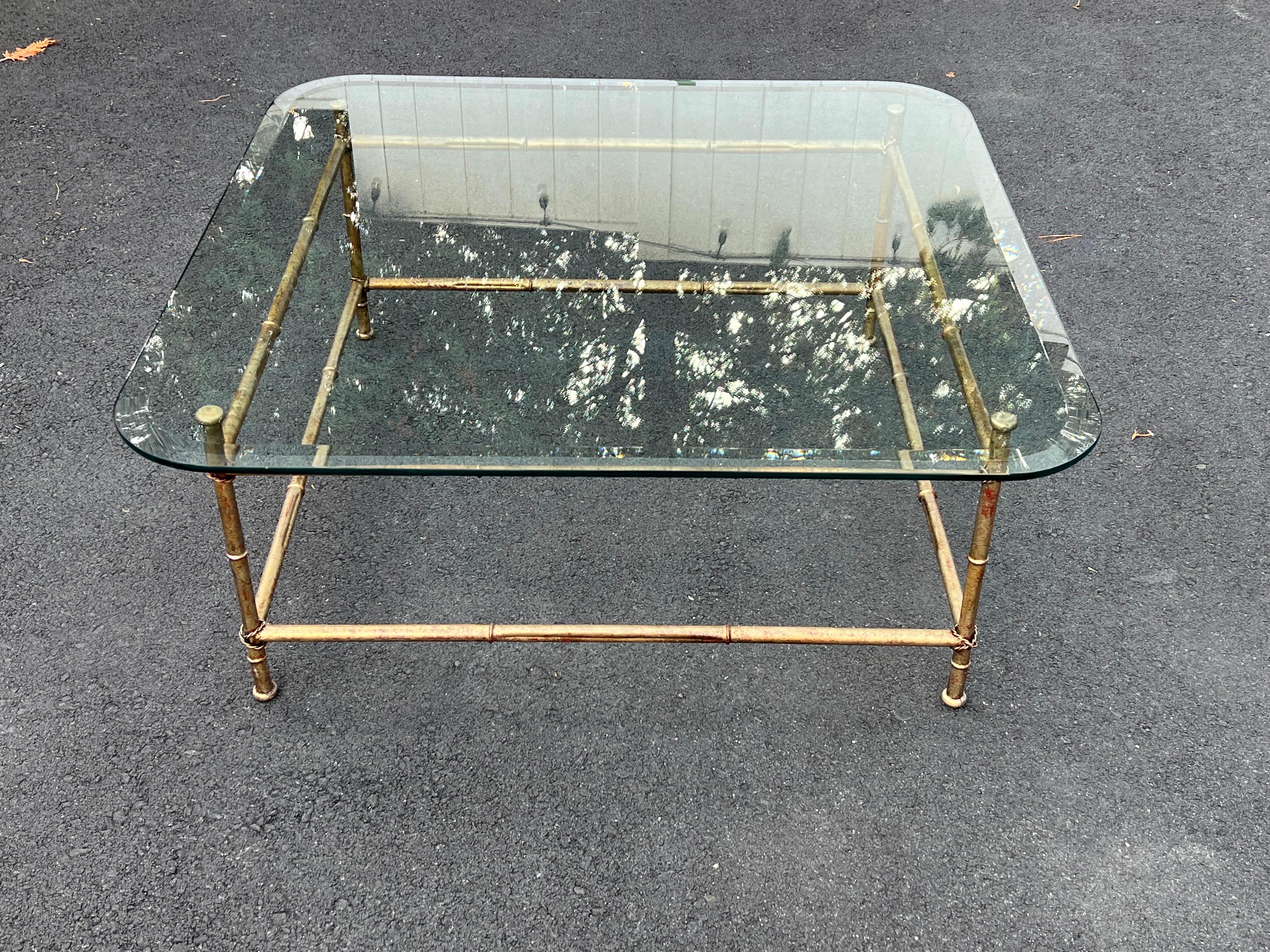 Faux Bamboo Glass and Gilt Metal Coffee Table For Sale 12