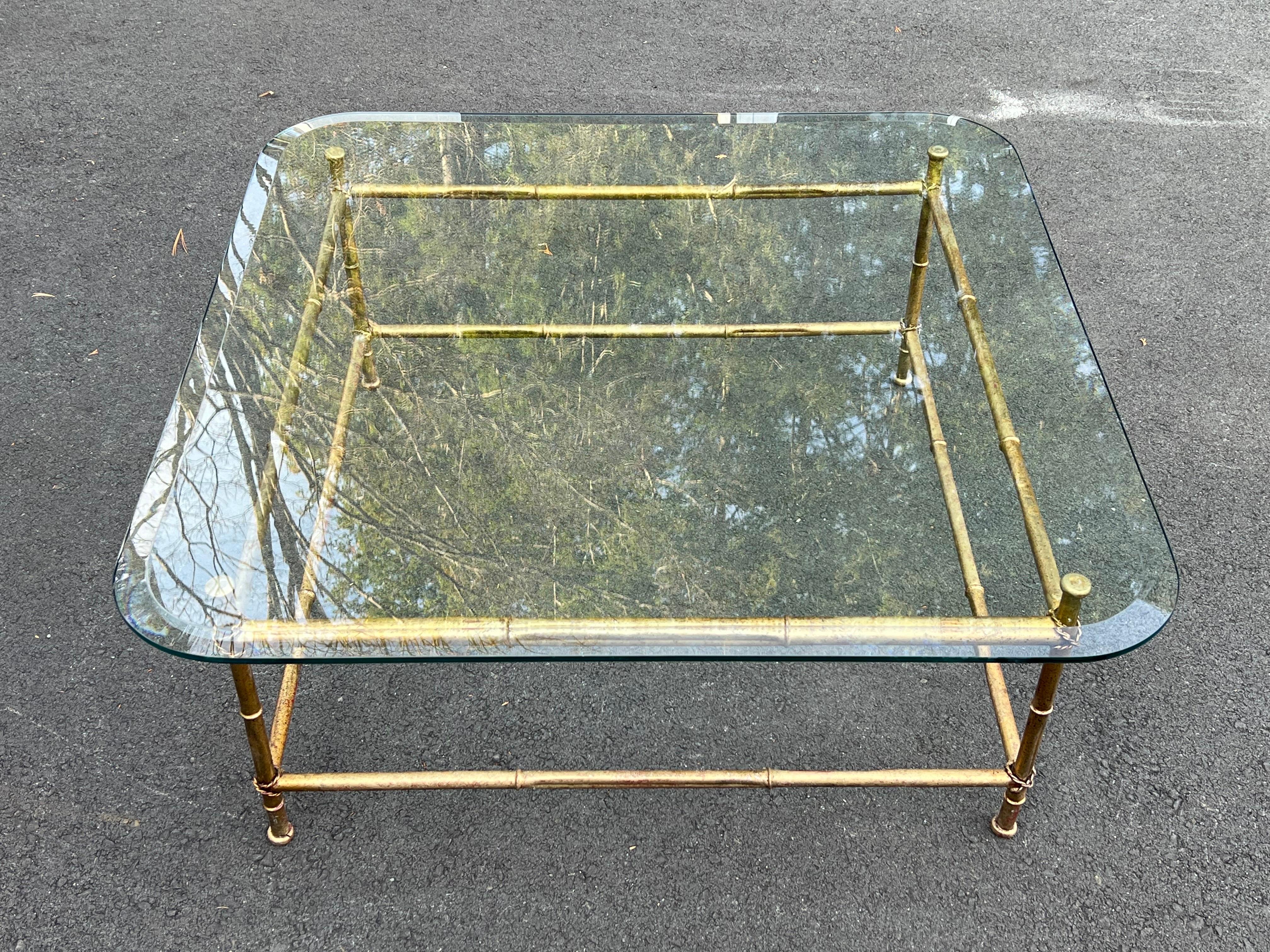 Faux Bamboo Glass and Gilt Metal Coffee Table For Sale 15