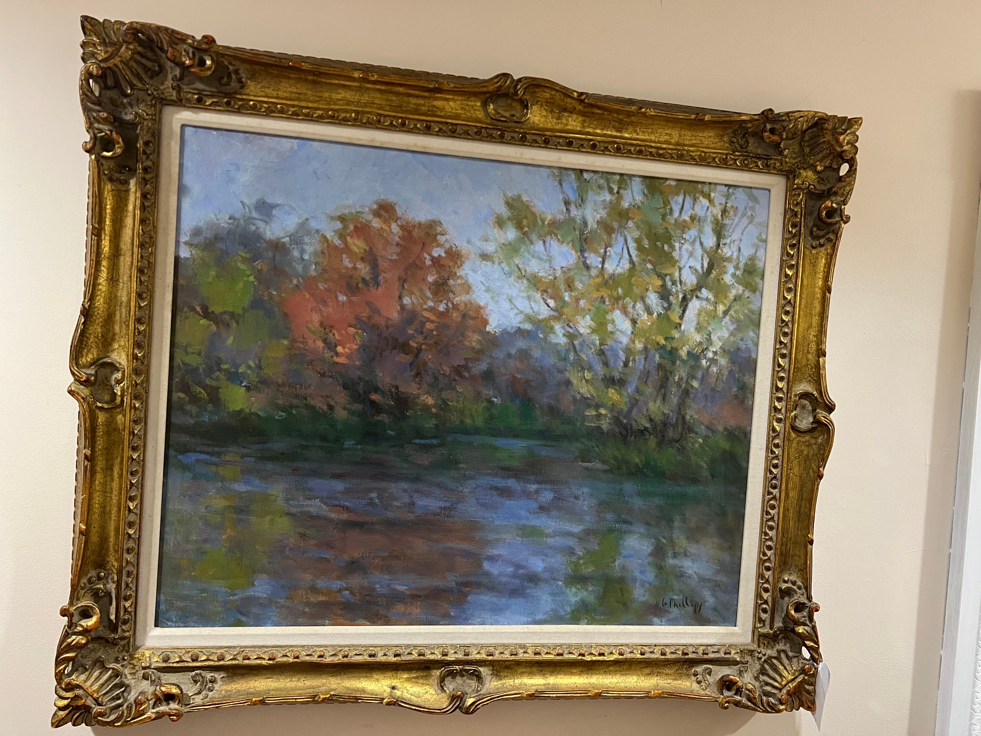 Impressionist Plein Air Impressionist Painting by Philips. Hand Carved solid wood frame.
Very reminiscent of Monet.