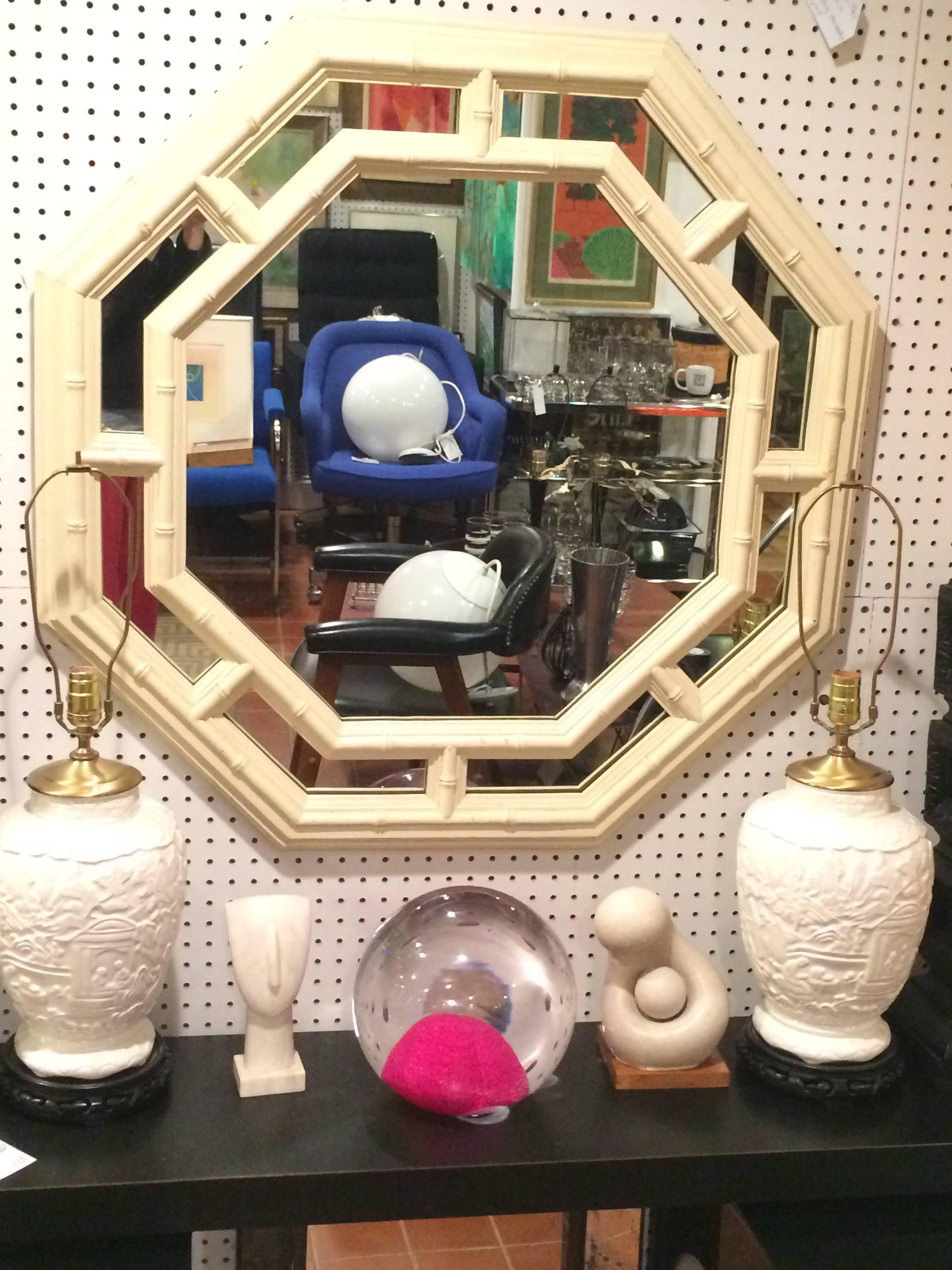 Faux Bamboo Hollywood Regency Octagonal Mirror In Good Condition In Redding, CT