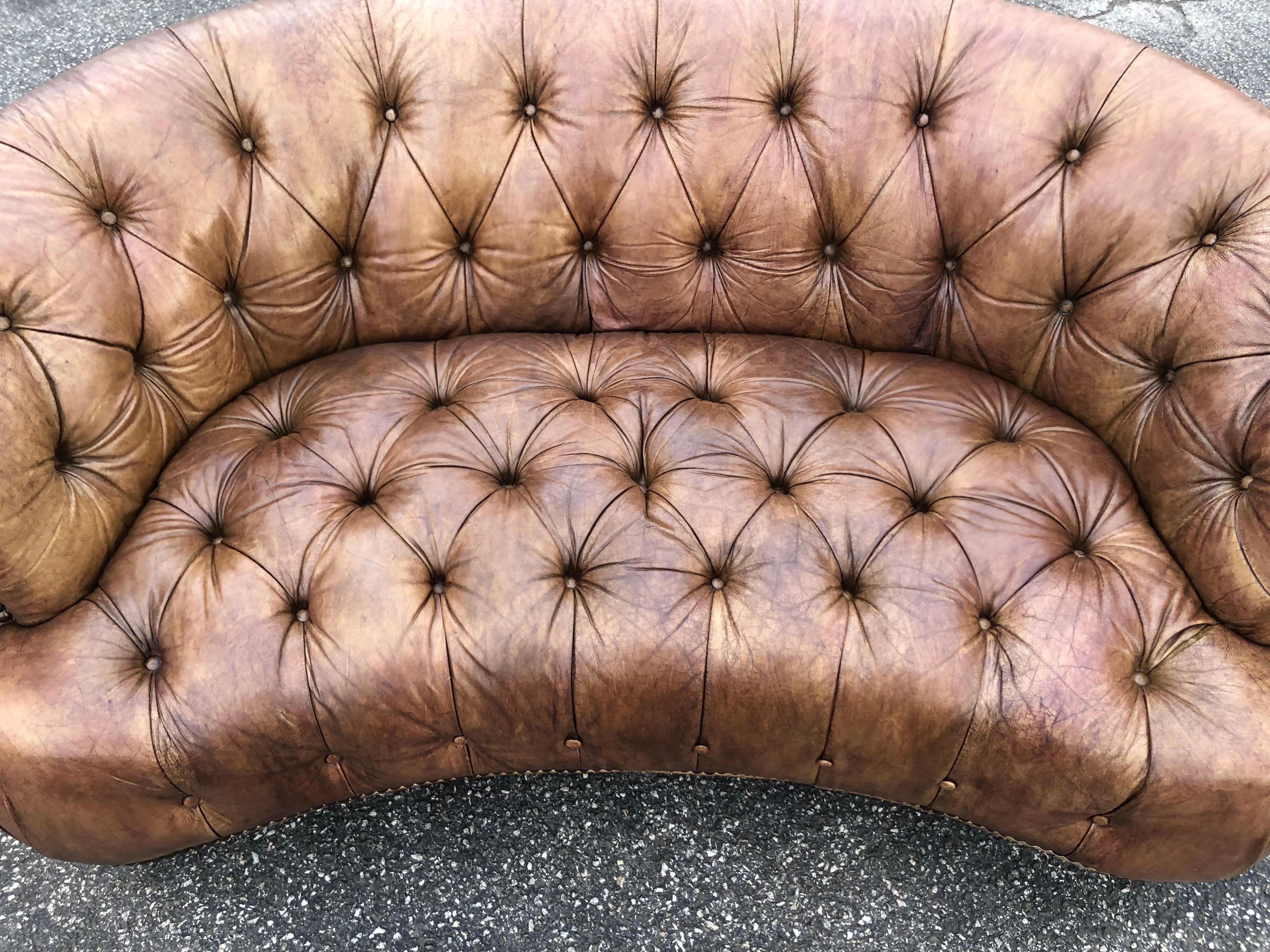 Curved Light Brown Italian Leather Chesterfield Sofa 8