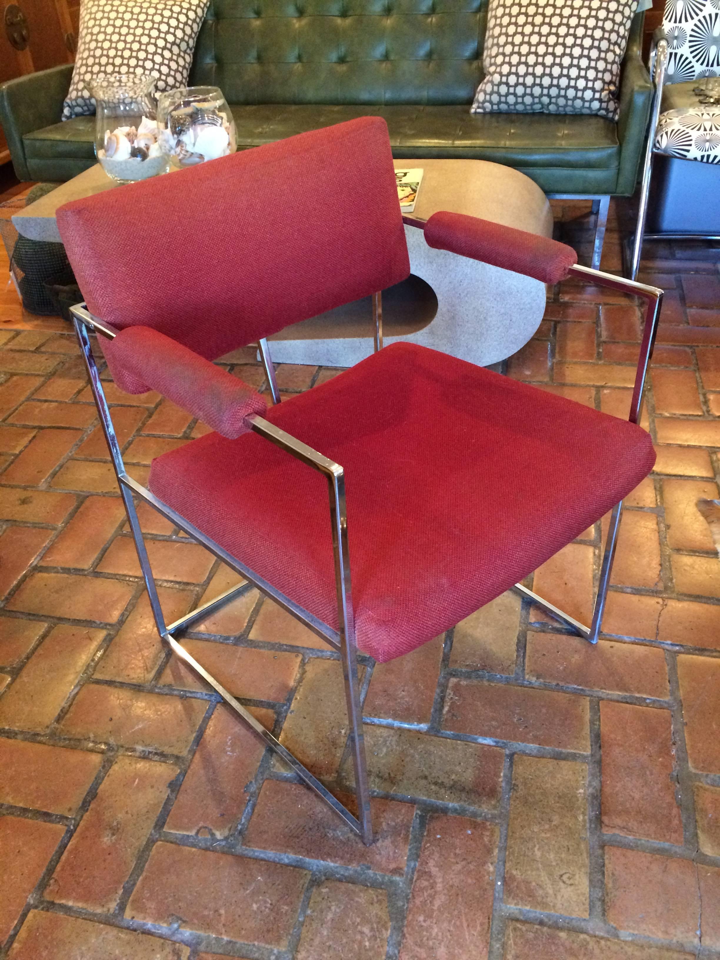 Classic chrome Milo Baughman for Thayer Coggin chair covered in its original fabric, a maroon wool blend with a square flat tubing. Could use a recover. Great for home or office. Possibly style No .8100.