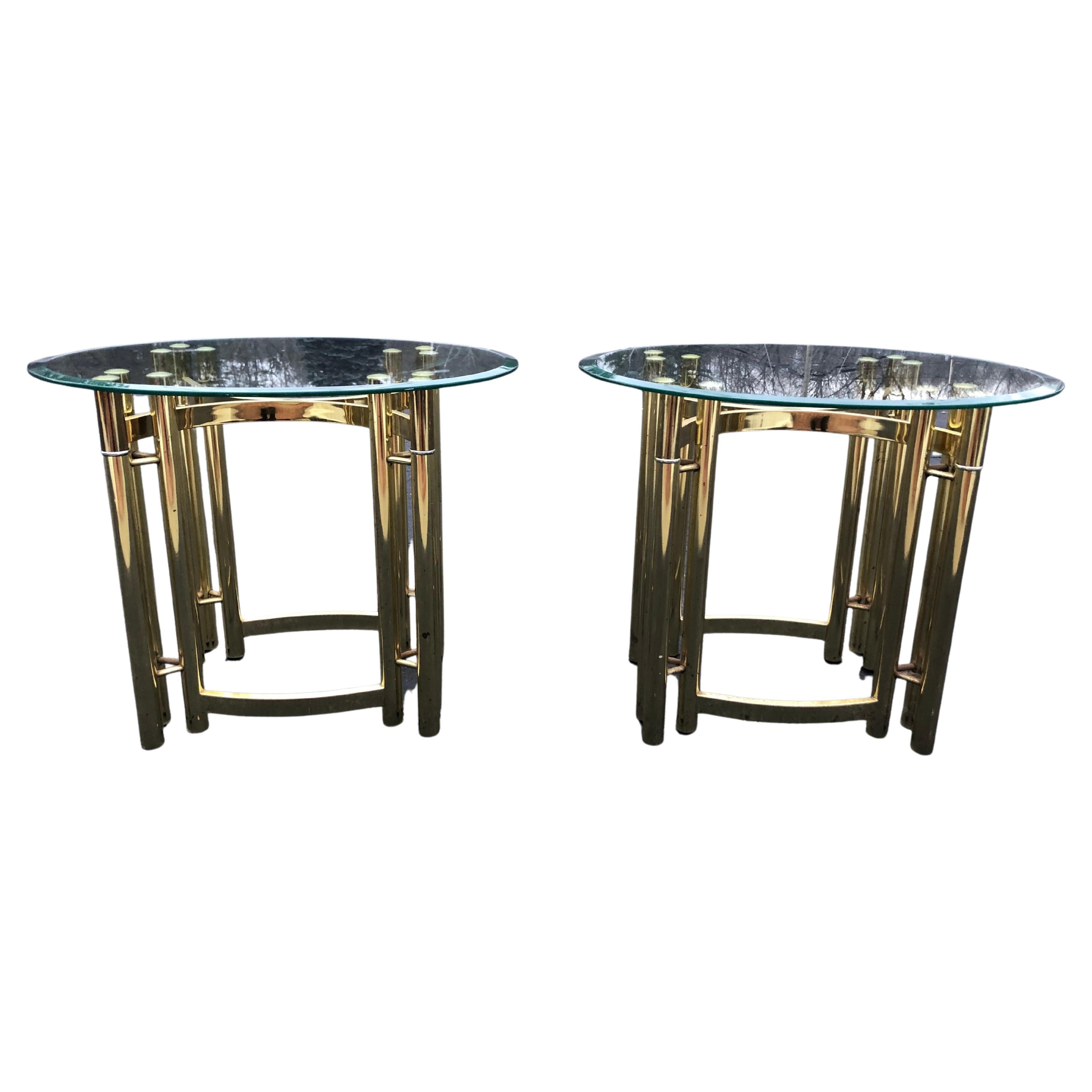 Pair of Oval Brass and Glass Side Tables-2 For Sale