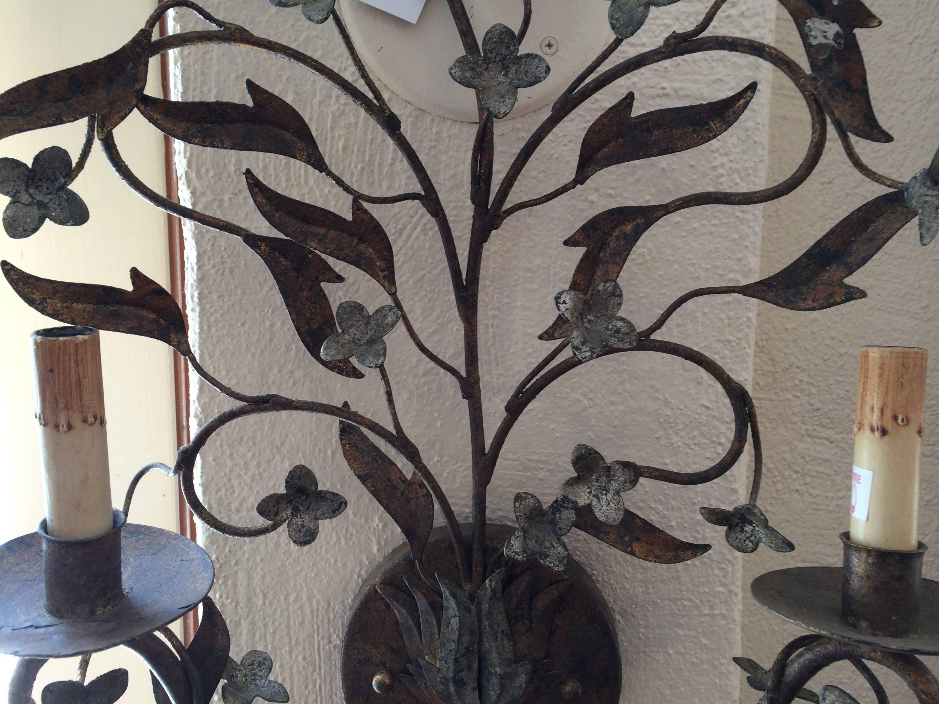 Floral Double Armed Iron Sconce In Excellent Condition In Redding, CT
