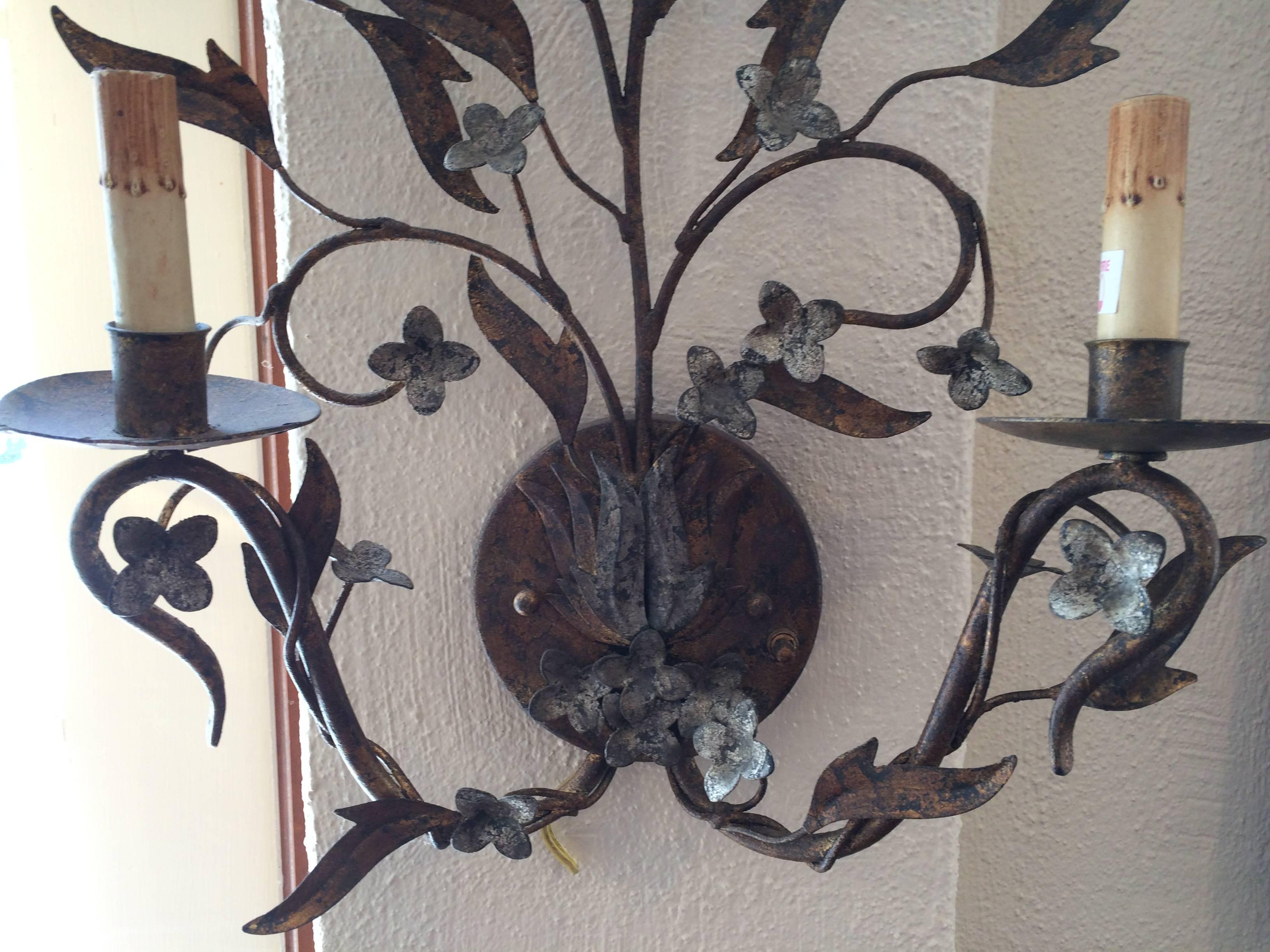 Mid-20th Century Floral Double Armed Iron Sconce