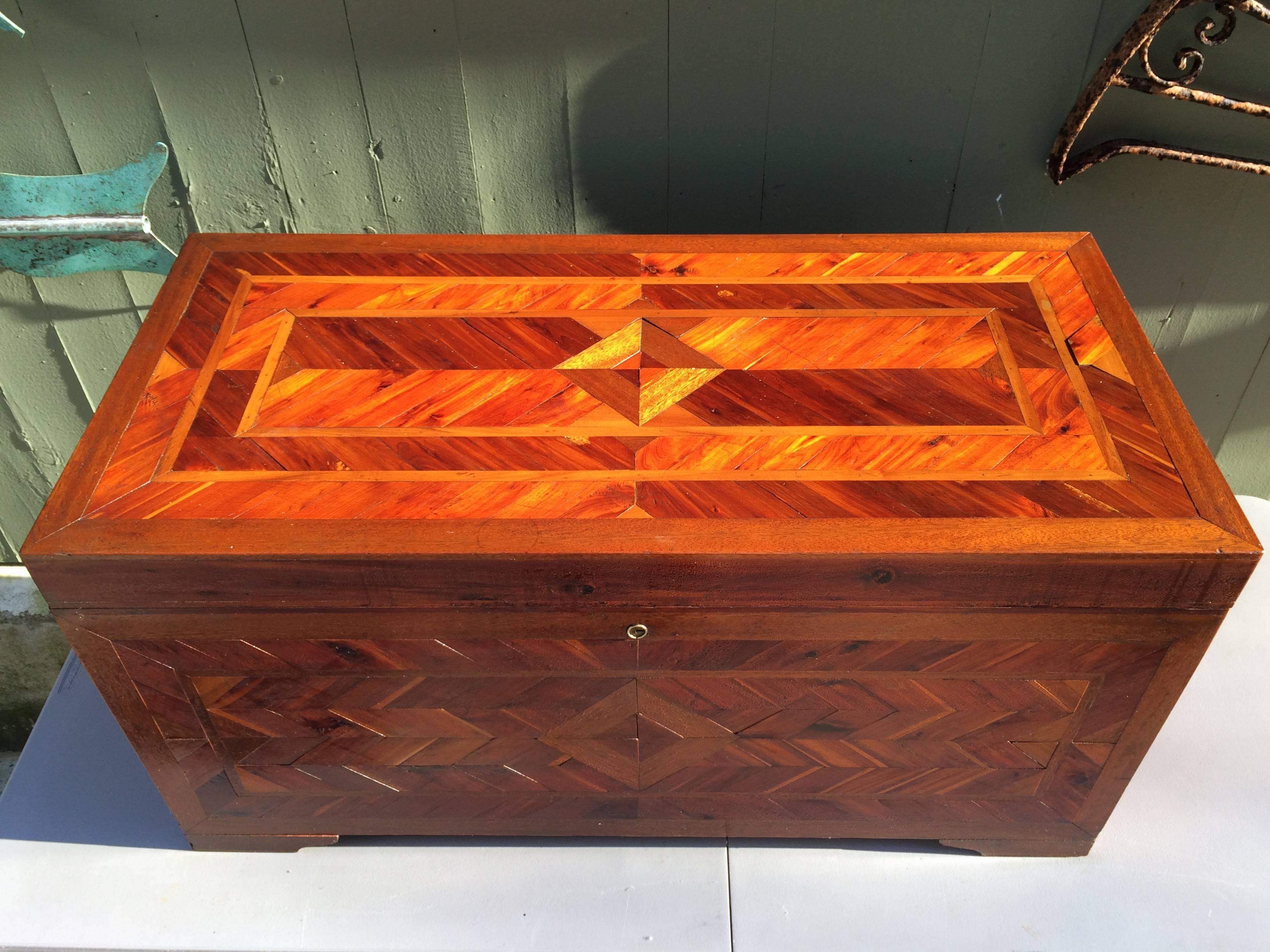 American Huge Primitive Inlaid Parquetry Blanket Chest