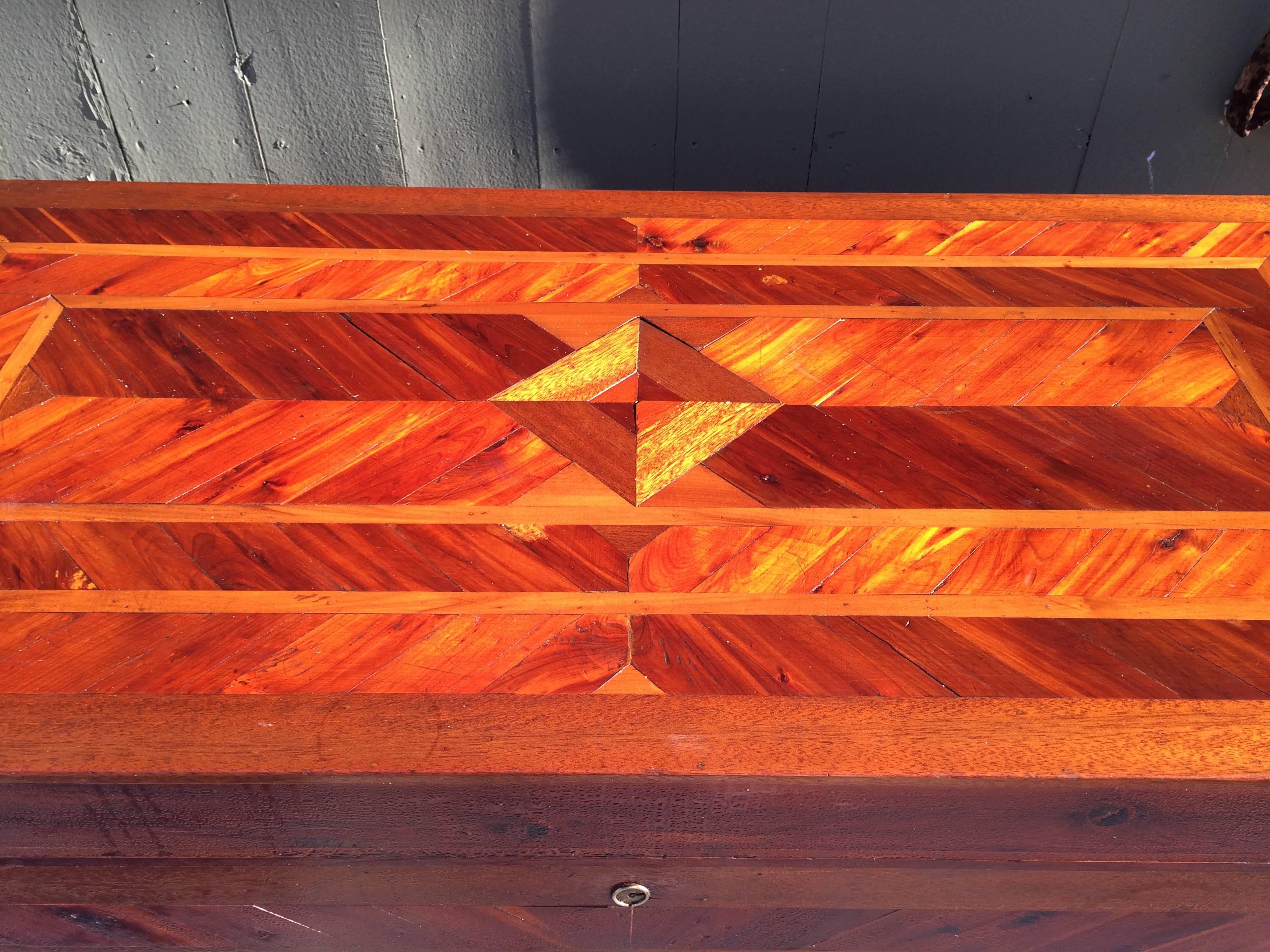 Huge Primitive Inlaid Parquetry Blanket Chest In Excellent Condition In Redding, CT