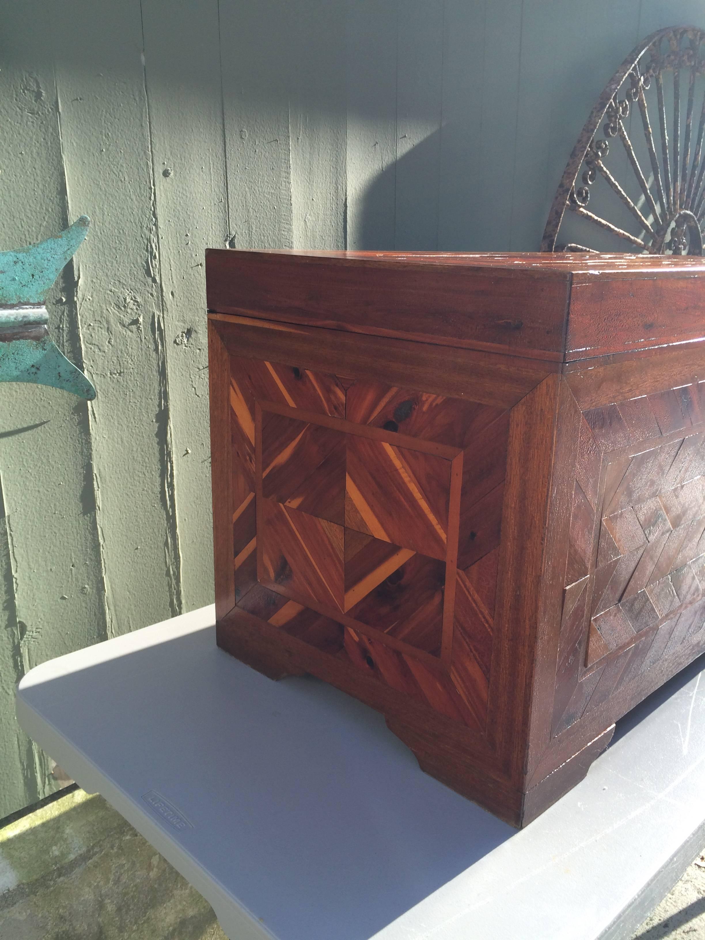 Wood Huge Primitive Inlaid Parquetry Blanket Chest