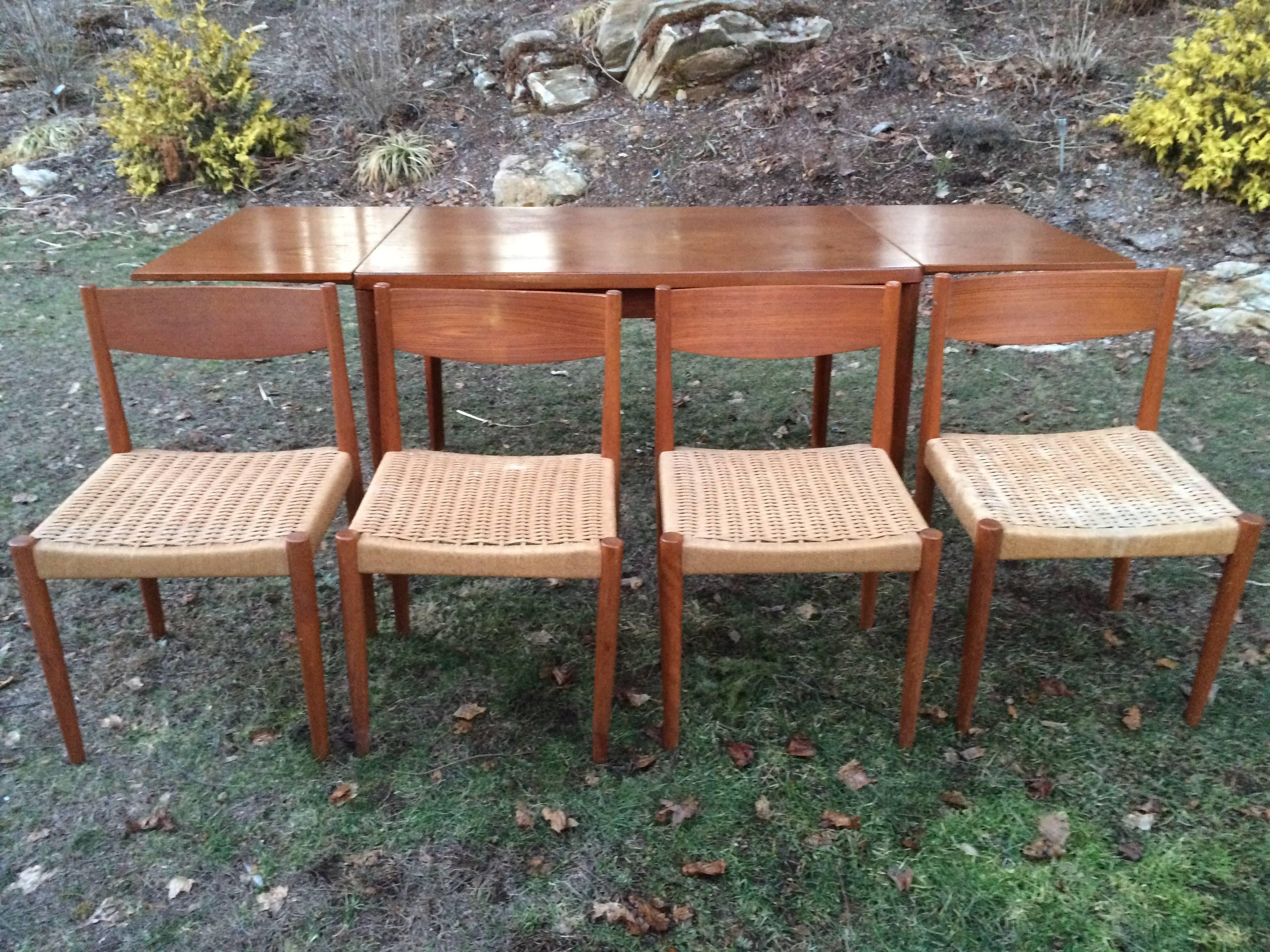 Rope Danish Modern Extendable Teak Dining Table with Woven Chairs