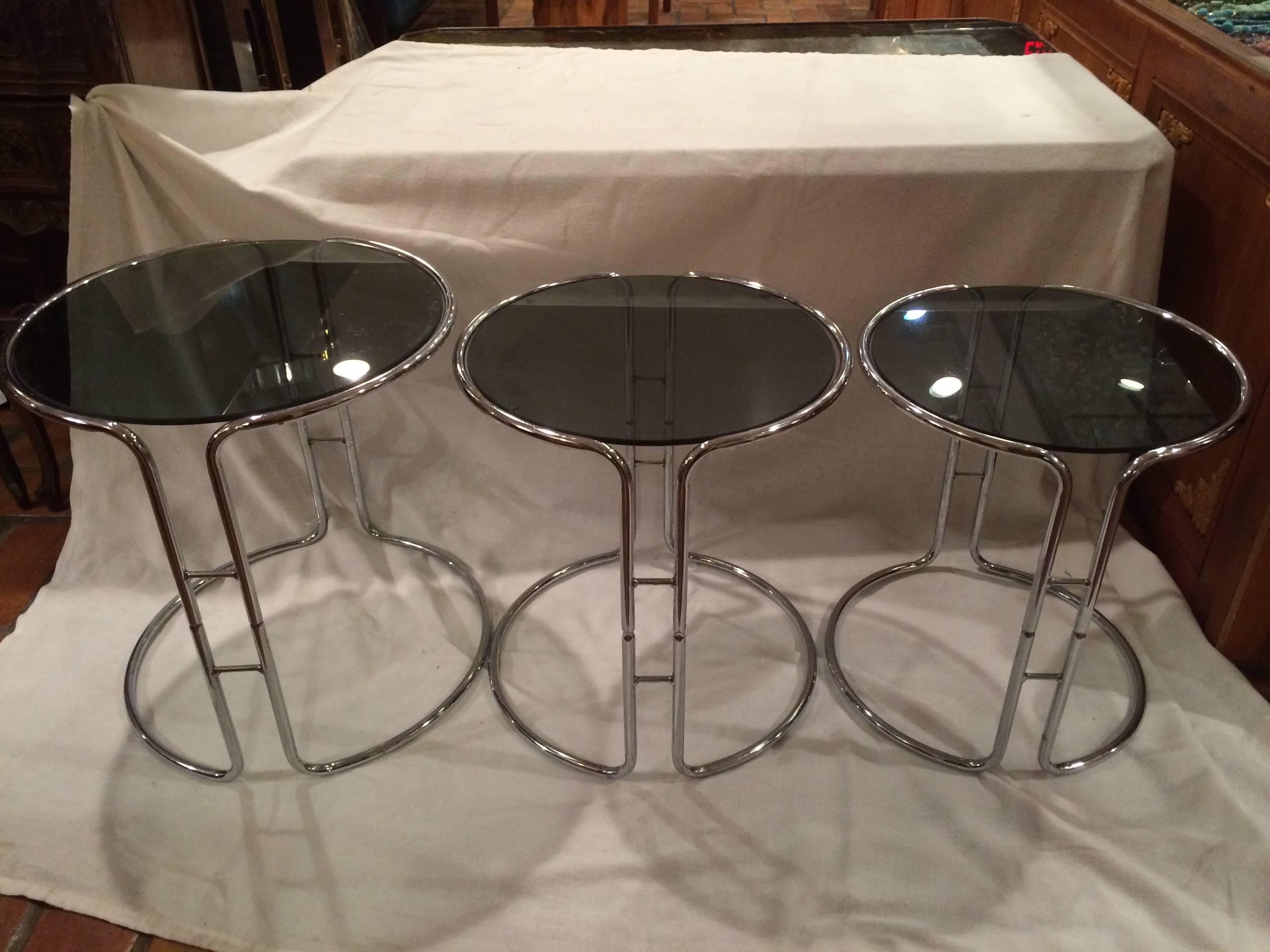 Mid-Century Modern Set of Three Milo Baughman Chrome and Smoked Glass Stacking Tables